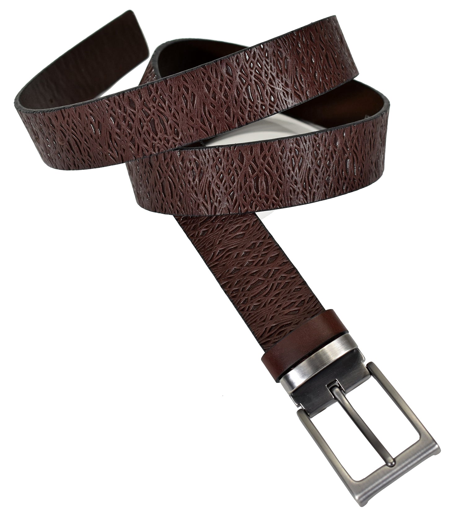 Crafted from Marcello leather, this belt's abstract weave-like stamps make a luxe yet subtle statement!