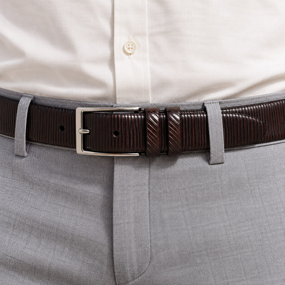 Raised ribbed leather in chocolate hues, belt by Marcello