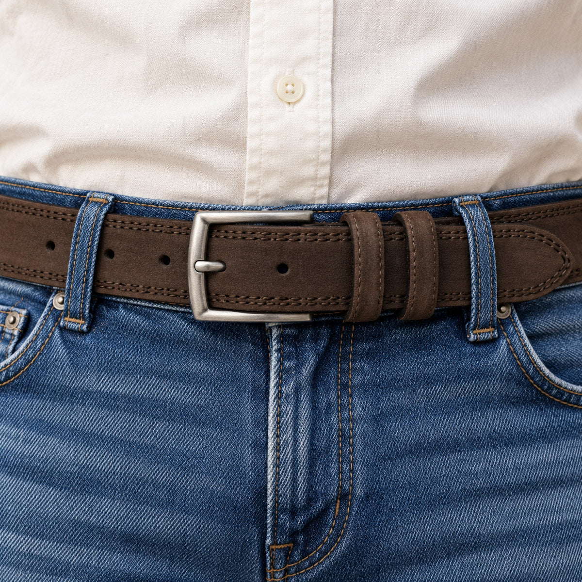 Santa Fe Suede Stitched Belt by Marcello in rich chocolate.