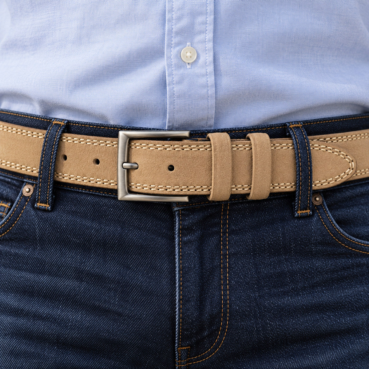 Santa Fe Suede Stitched Belt by Marcello in classic camel.
