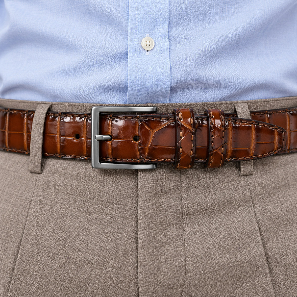 Marcello glazed leather croc belt in mocha and brown.