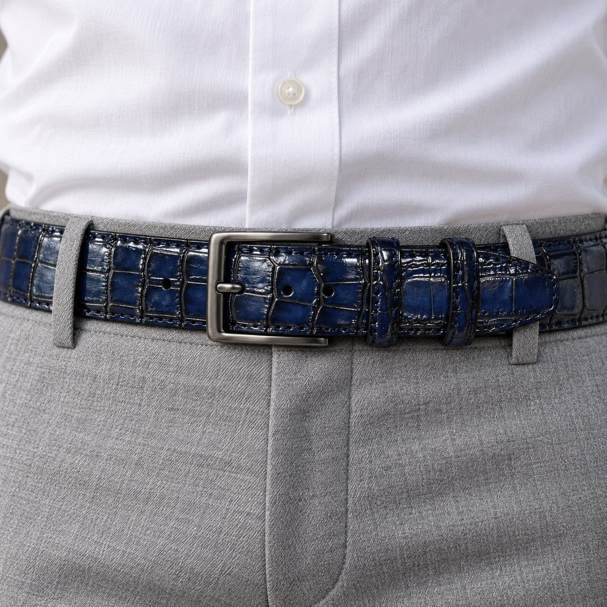 Marcello glazed leather croc belt imn indigo and navy.