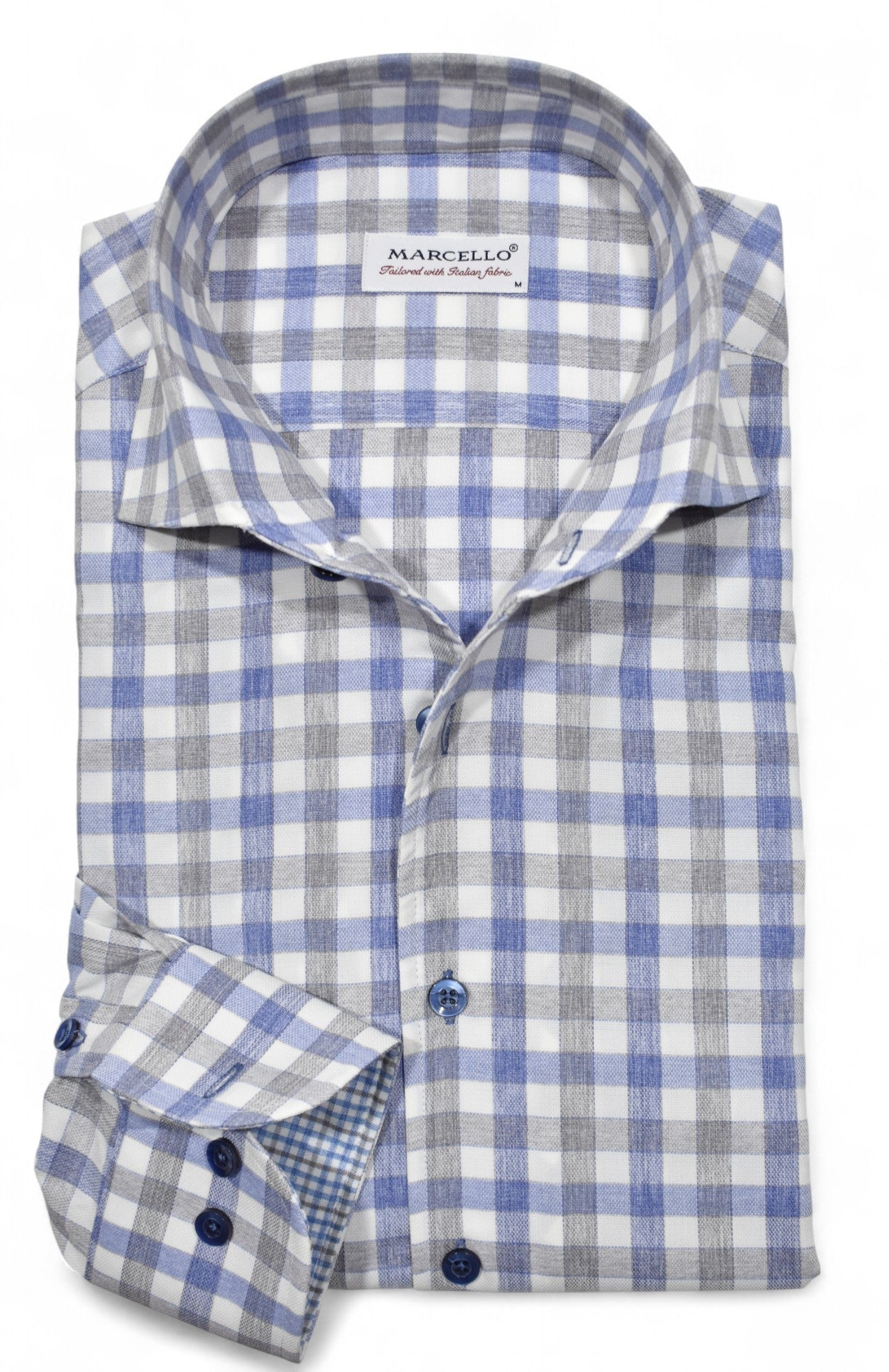 Blue gray check shirt by Marcello.