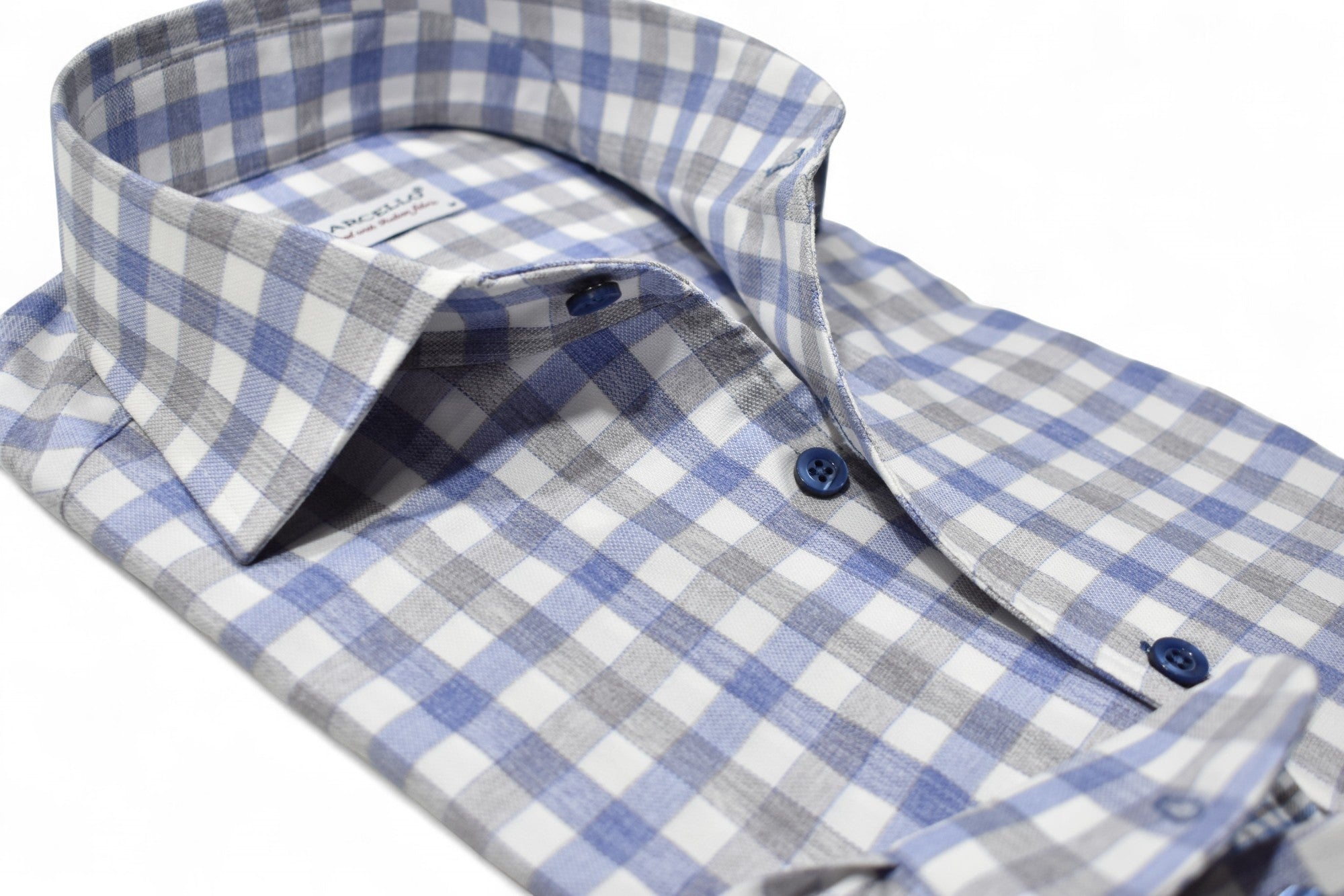 Blue gray check shirt by Marcello.