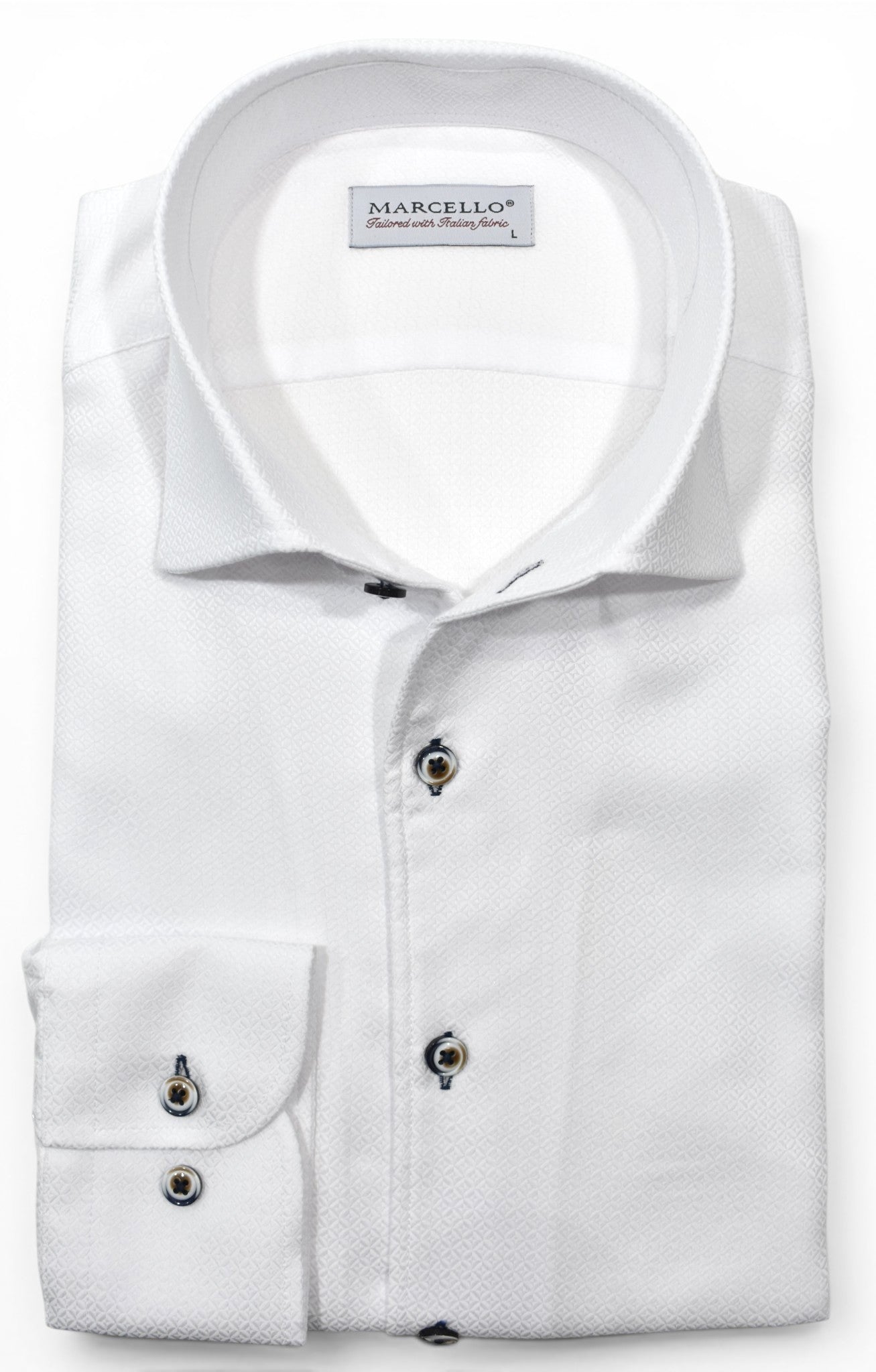 Marcello tonal white shirt custom button.