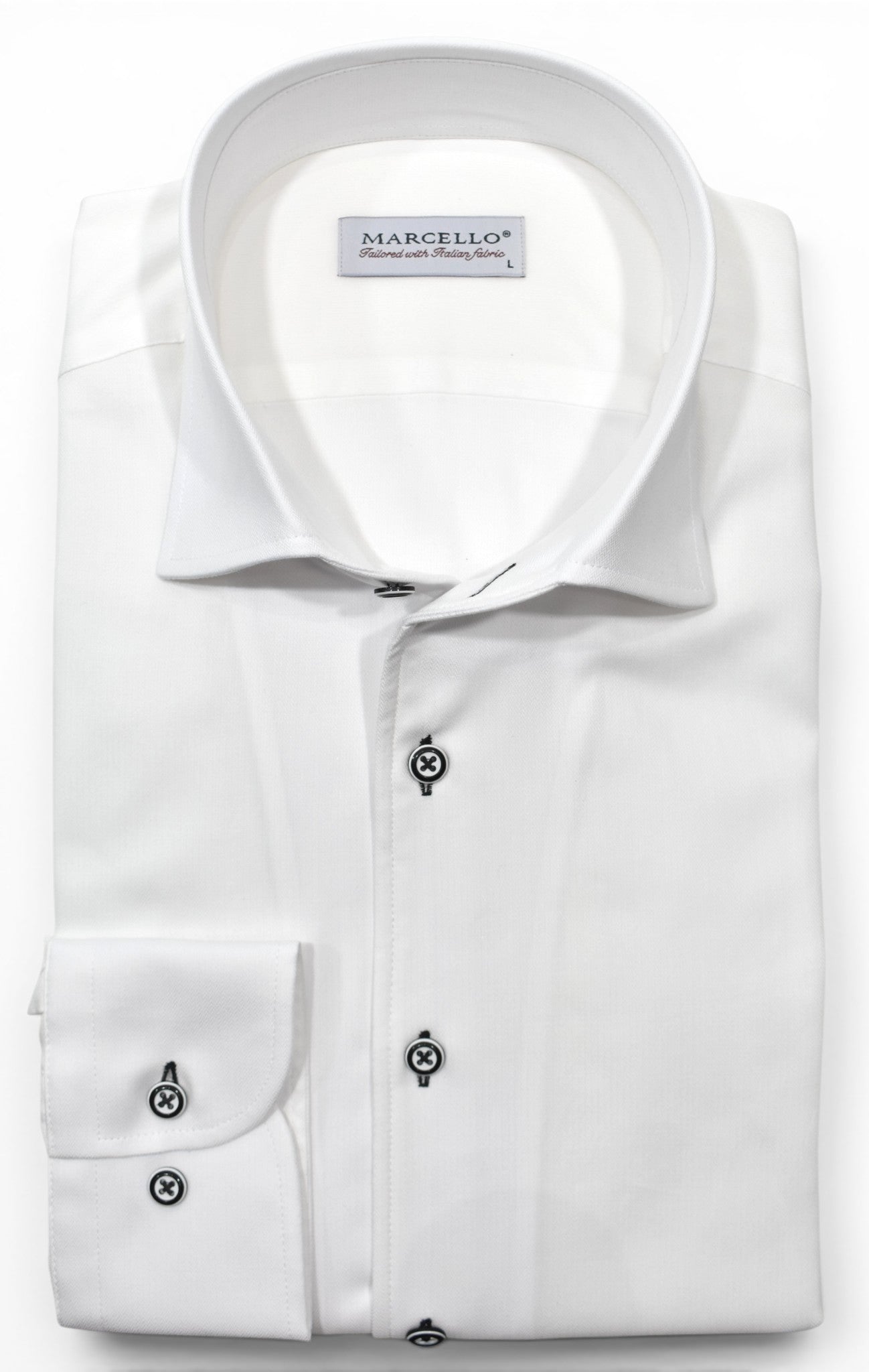 Marcello tonal white shirt custom button.