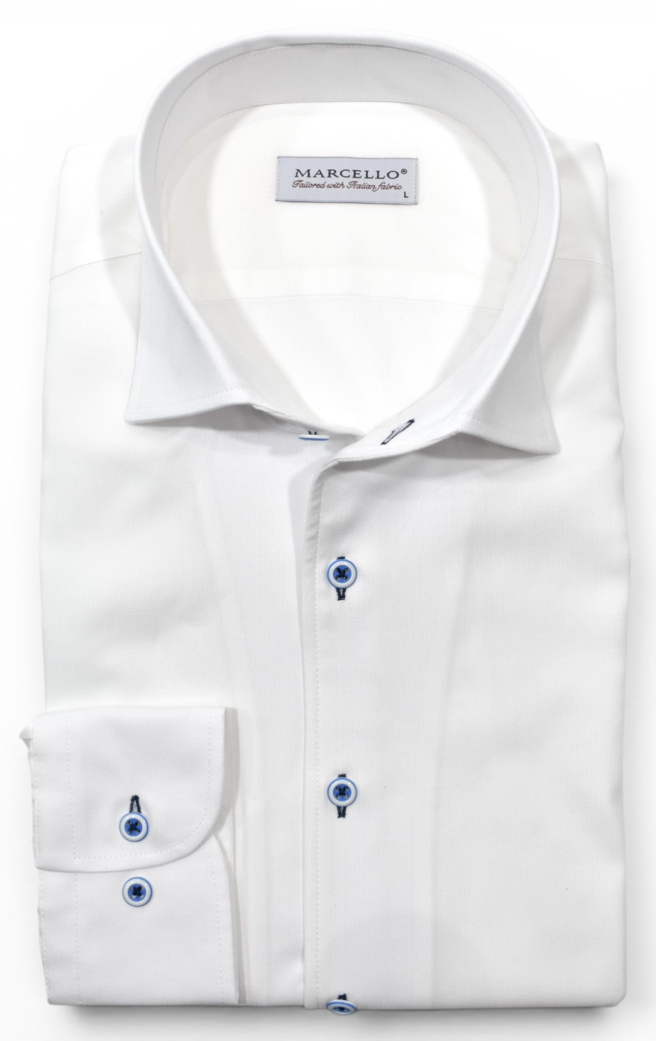 Marcello tonal white shirt custom button.