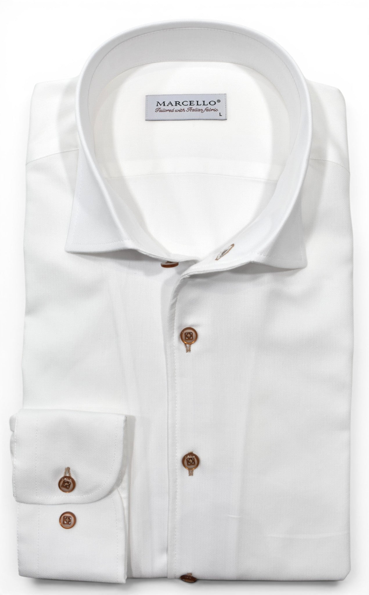 Marcello tonal white shirt custom button.