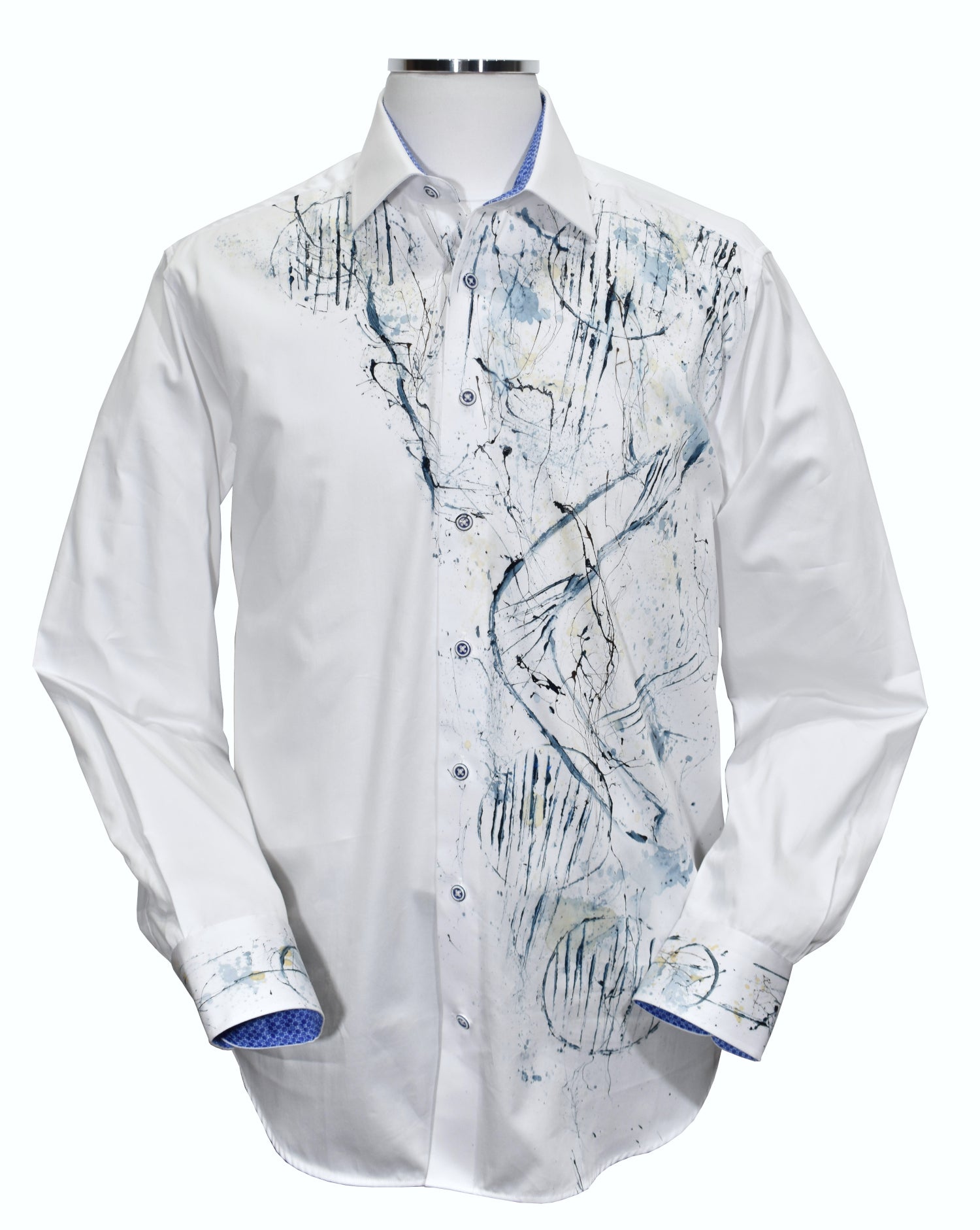 Marcello's exclusive W618P Abstract Geometric Hand Painted shirt series. Made from luxurious cotton sateen, each piece is individually hand painted by our skilled artist, ensuring a one-of-a-kind piece. The stunning combination of blue shades and abstract geometric patterns will elevate any bedroom with an elegant touch.