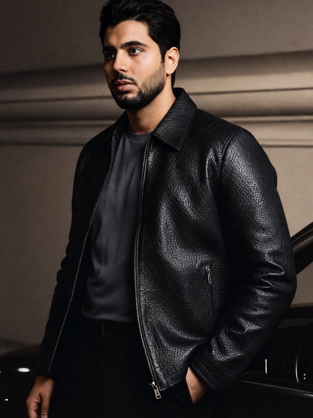 Marcello black pebble grain leather jacket.