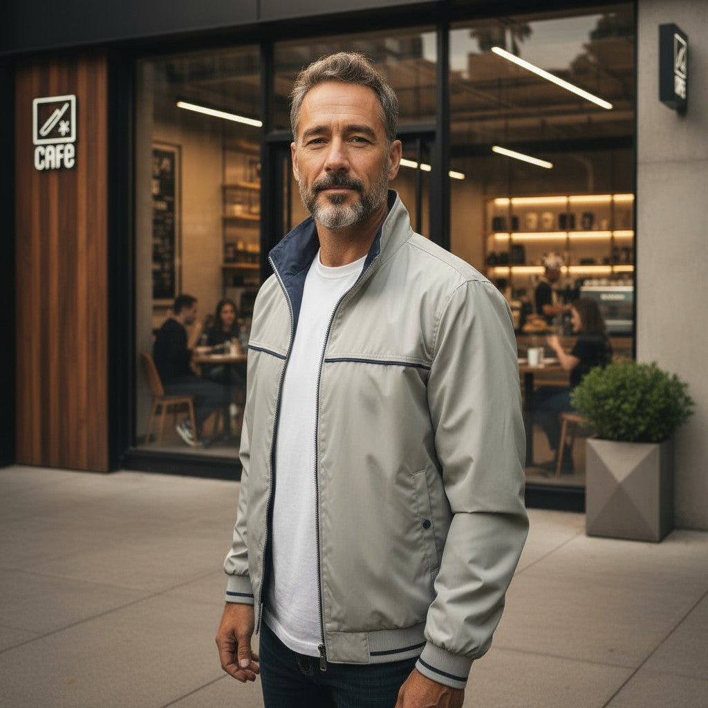 Marcello tan windbreaker reverses to navy.