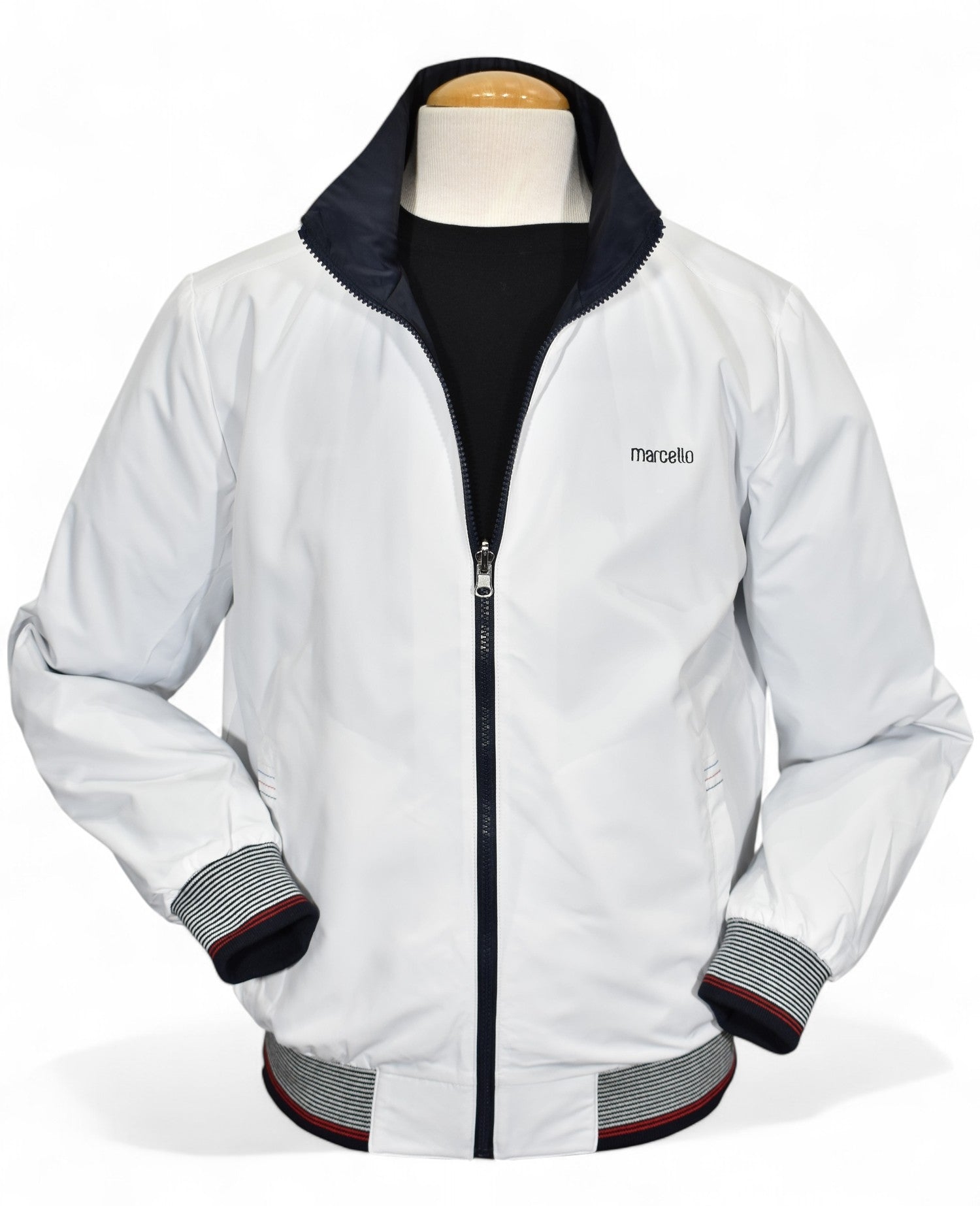 Marcello white windbreaker reversible to navy.