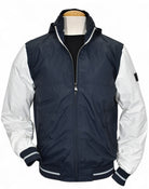 Navy engineered windbreaker with hoodie by Marcello.