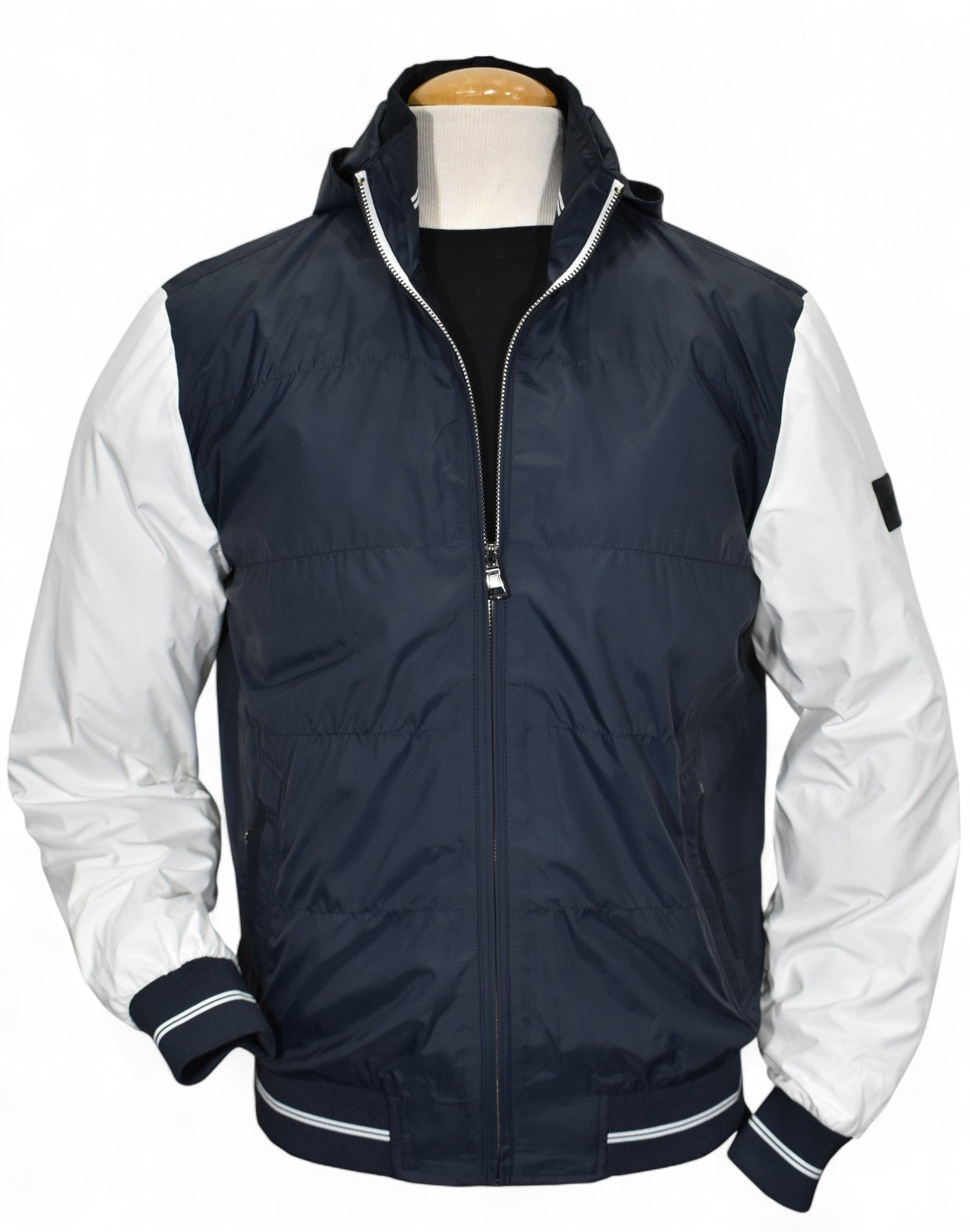 Navy engineered windbreaker with hoodie by Marcello.