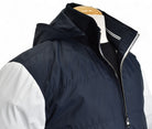 Navy engineered windbreaker with hoodie by Marcello.