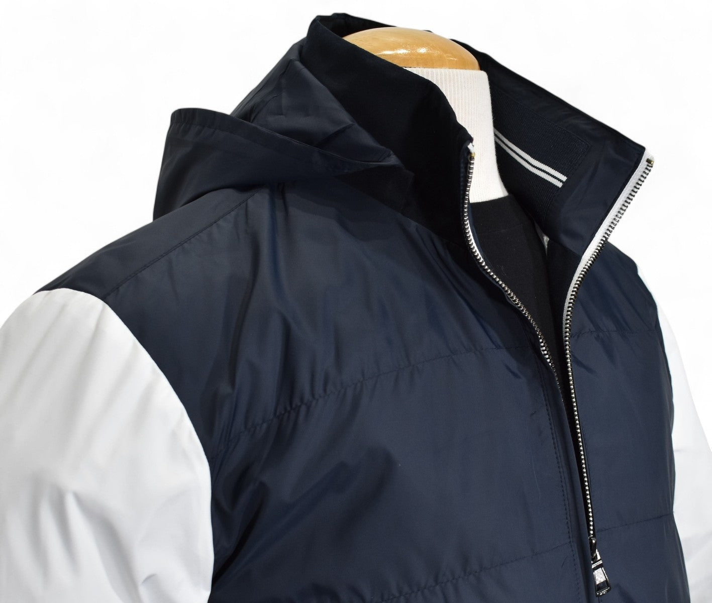 Navy engineered windbreaker with hoodie by Marcello.