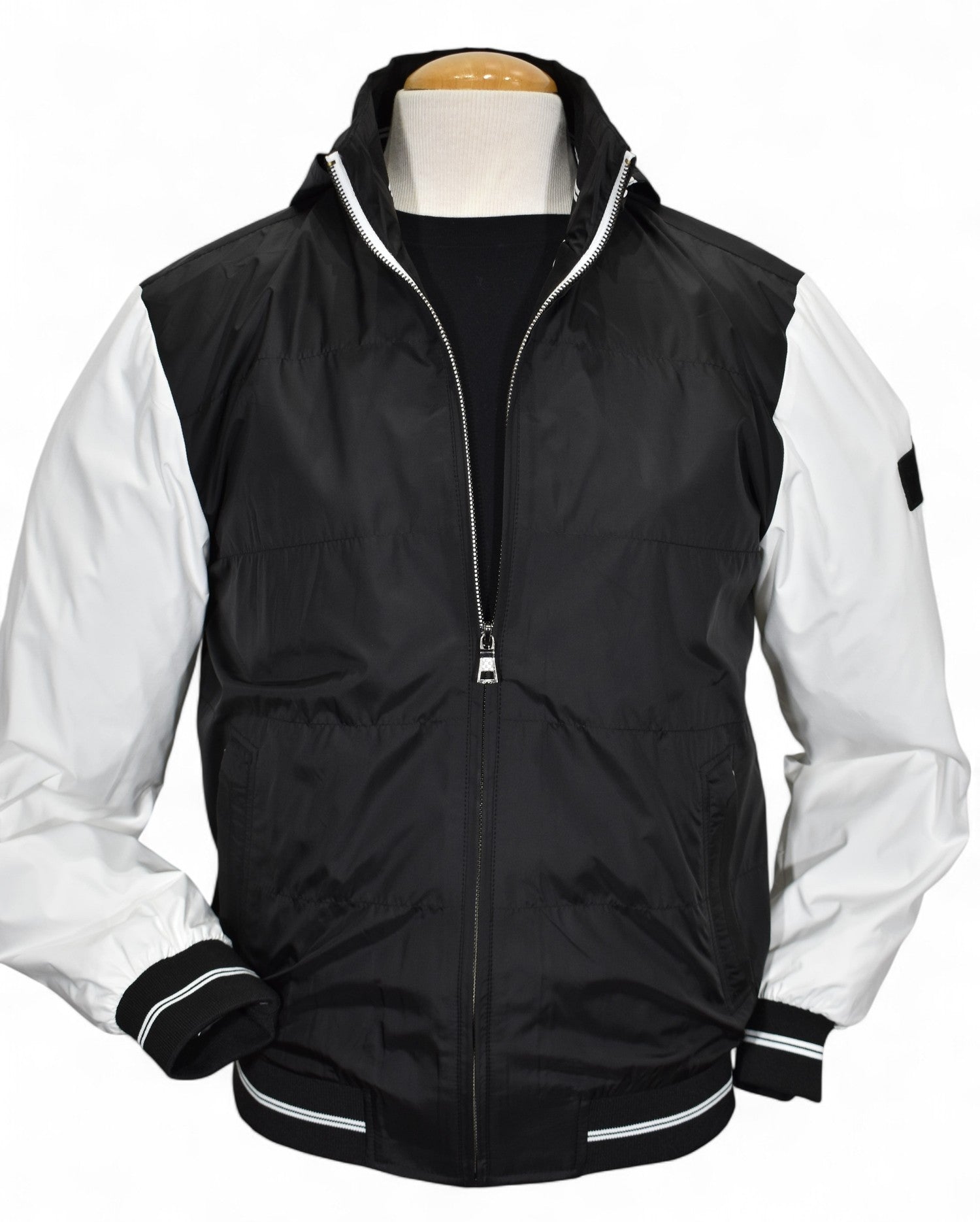 Marcello engineered navy and white windbreaker with hoodie.
