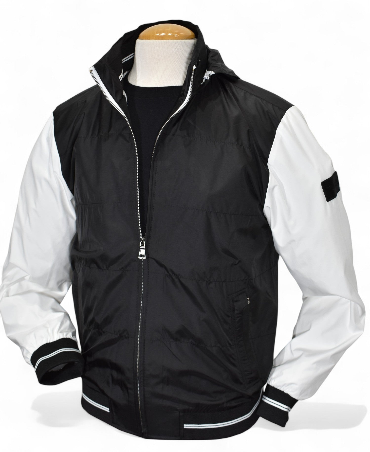 Marcello engineered navy and white windbreaker with hoodie.
