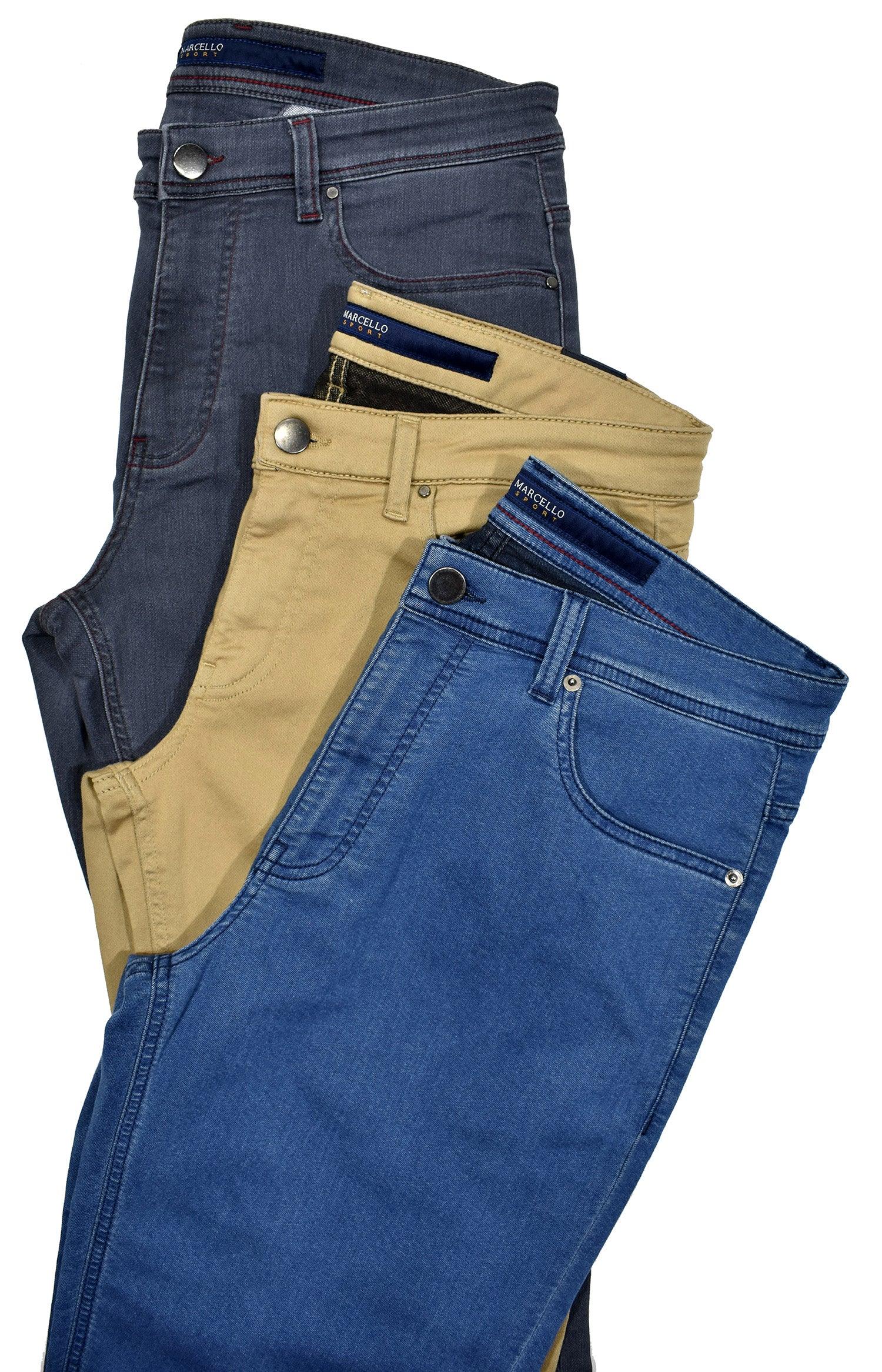 Marcello Sport! Lightweight, soft cotton and microfiber with stretch. Imagine the feel and comfort of softness and stretch. 5 pocket jean model works for casual or formal settings. Classic fit with a slightly tapered leg for an updated look. Medium rise. Enhanced stitching and fashion lining. Sizes 30-35 with a 32 length, sizes 36-44 with a 33 length. For a fashion, slimmer fit, order one size smaller due to the ultimate stretch.