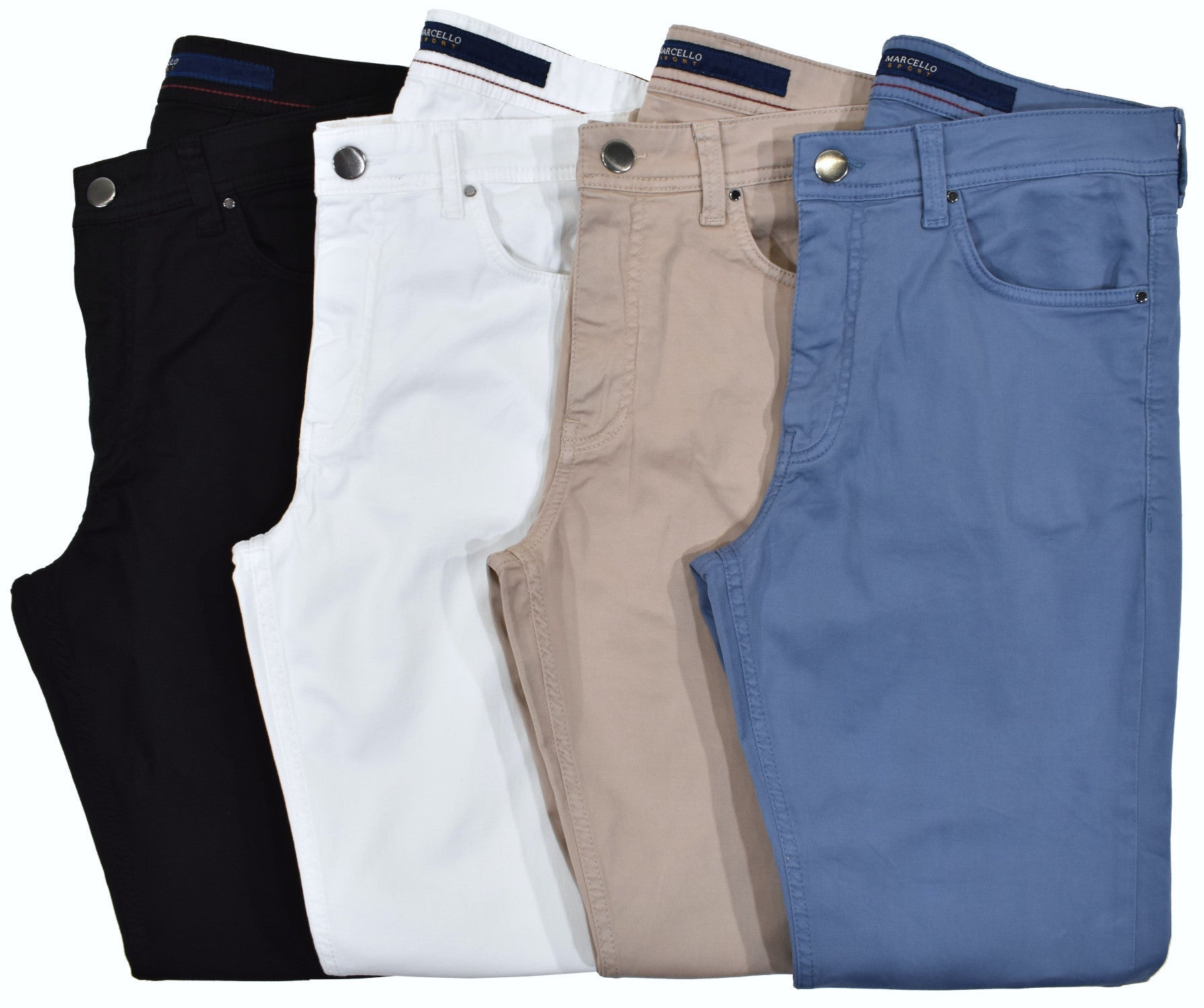 Marcello premium pant in a lightweight fine twill cotton with lycra for added comfort and stretch.   The fabric has a moderate amount of stretch to complement your natural movements and a soft peach finish to create an unbelievably comfortable feel.