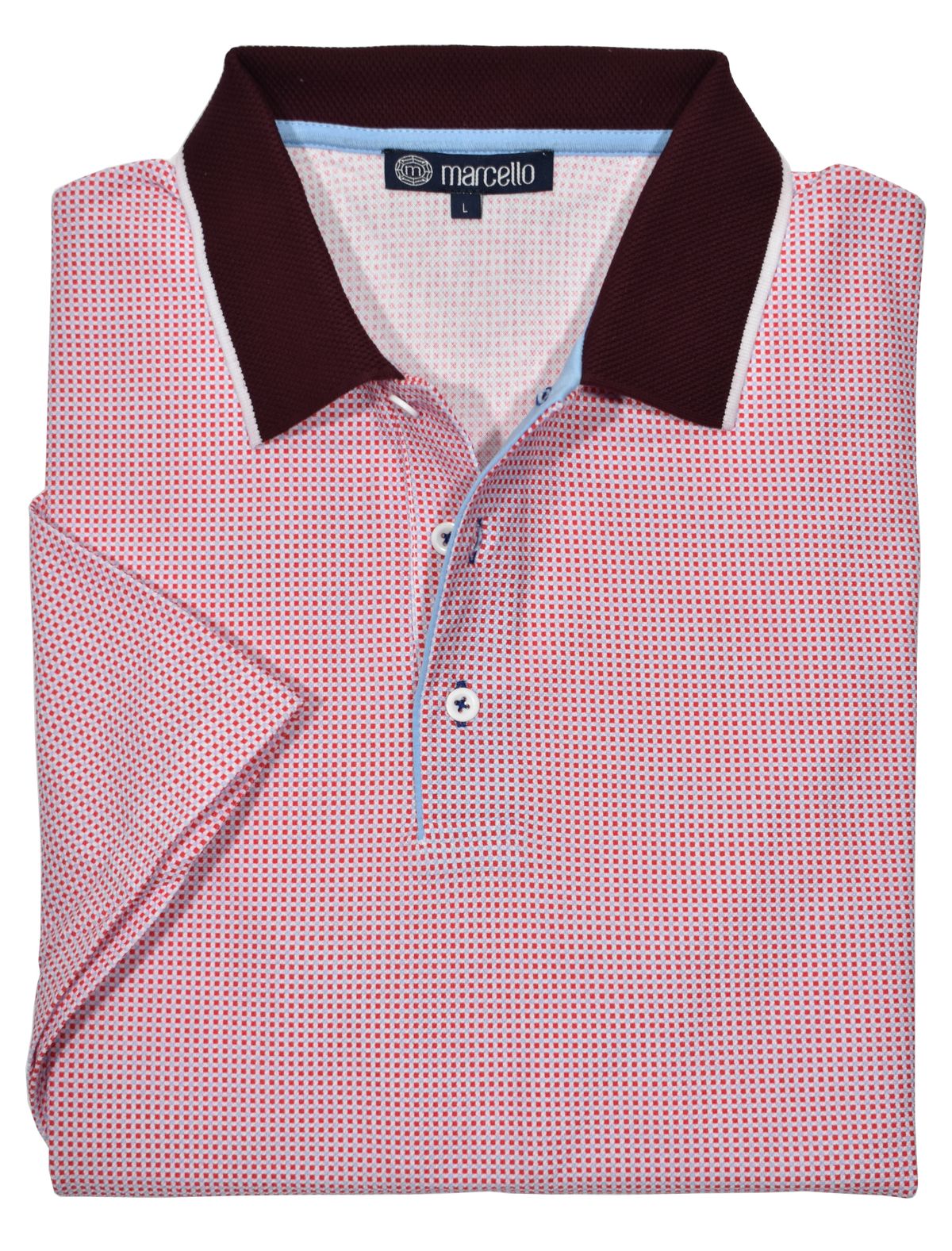 This ultra soft cotton pique polo looks timeless and feels lightweight. Its fine red ruby neat box pattern, contrast trim fabric, open sleeves and custom buttons make it unique and stylish. Enjoy its classic fit and timeless look.