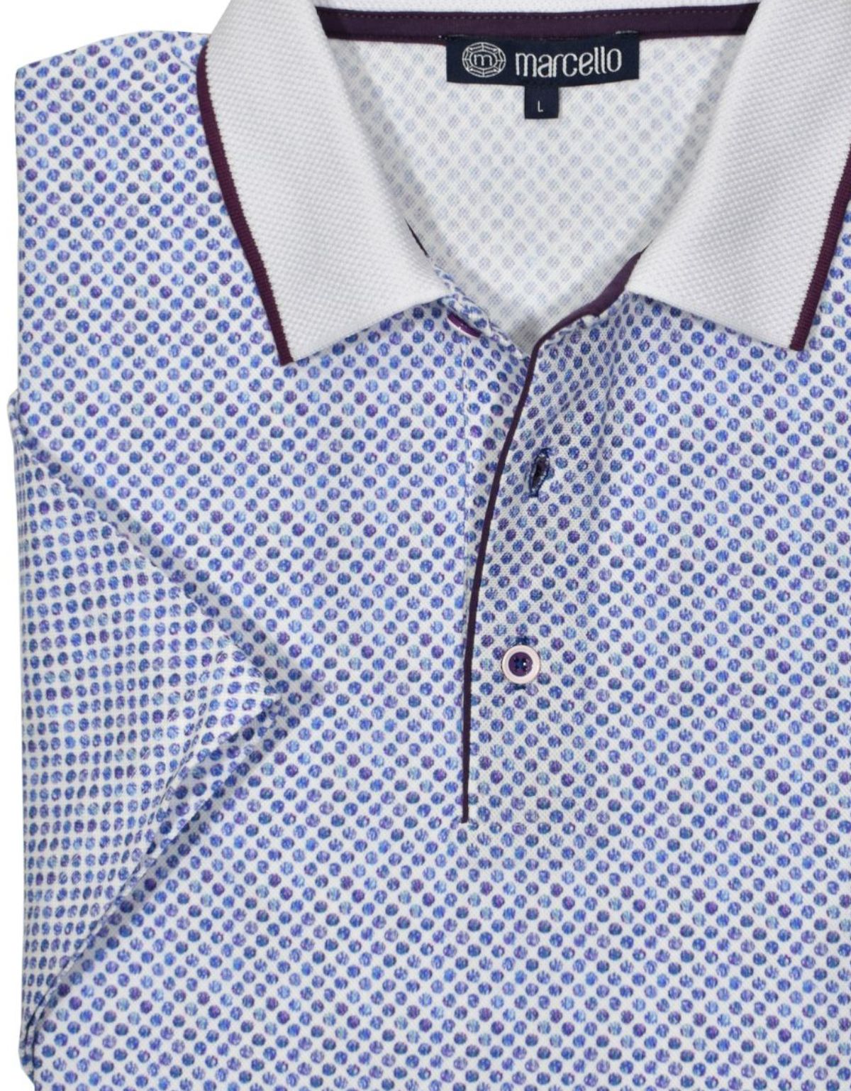 This ultra soft cotton pique polo looks timeless and feels lightweight. Its soft circular shaded plum neat pattern, contrast trim fabric, open sleeves and custom buttons make it unique and stylish. Enjoy its classic fit and timeless look.