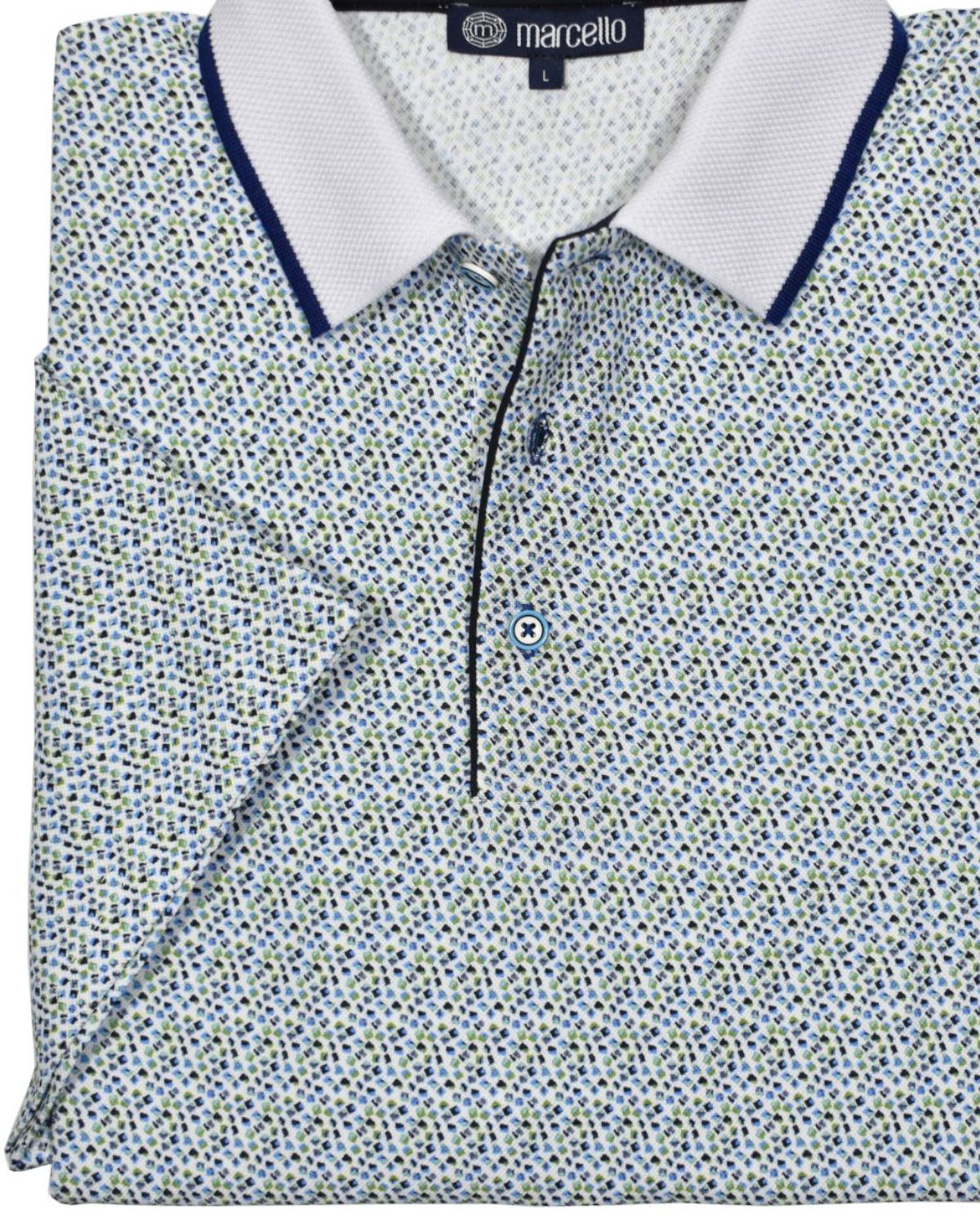 This ultra soft cotton pique polo looks timeless and feels lightweight. Its neat olive and navy abstract pattern, contrast trim fabric, open sleeves and custom buttons make it unique and stylish. Enjoy its classic fit and timeless look.