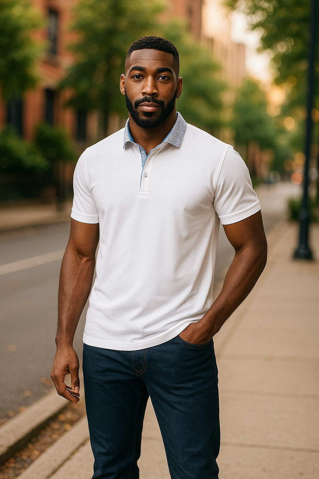 Introducing the Marcello royal oxford print collar polo.