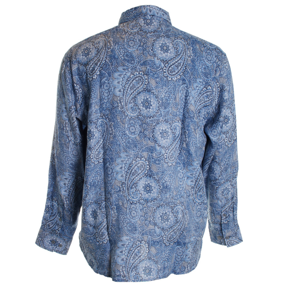 Blue paisley patterned shirt on a white background