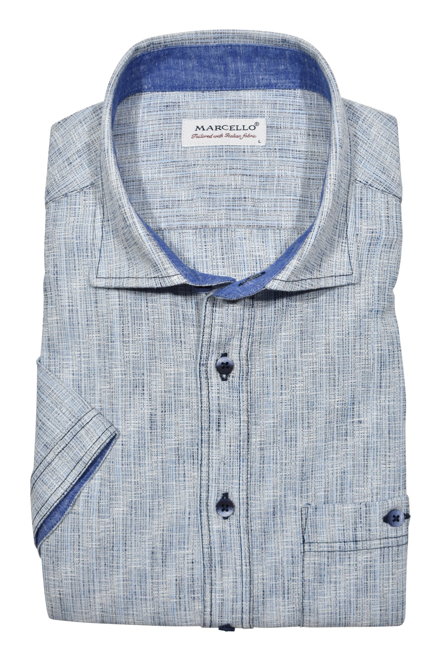 Elevate your Spring/Summer wardrobe with the Marcello Brushed Ocean Sport Shirt. The soft and cool brushed pattern in medium blue and and soft gray