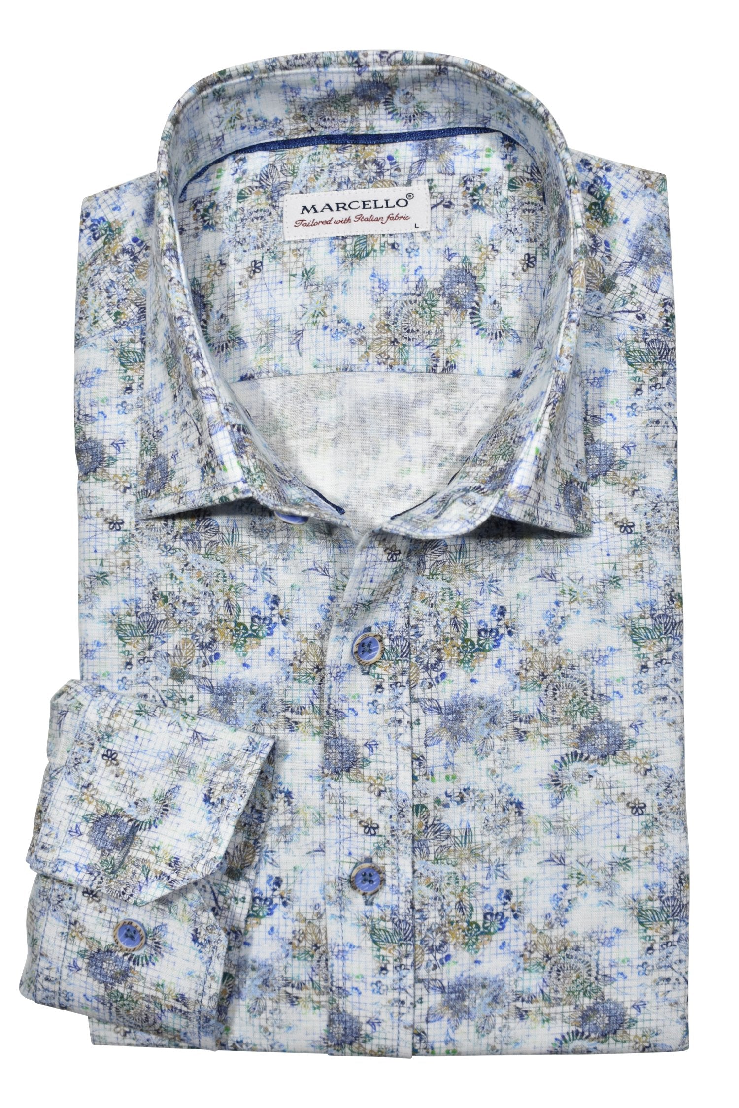 This shirt features a blend of soft cotton and linen, with a timeless blue check pattern and a striking abstract floral print. By Marcello