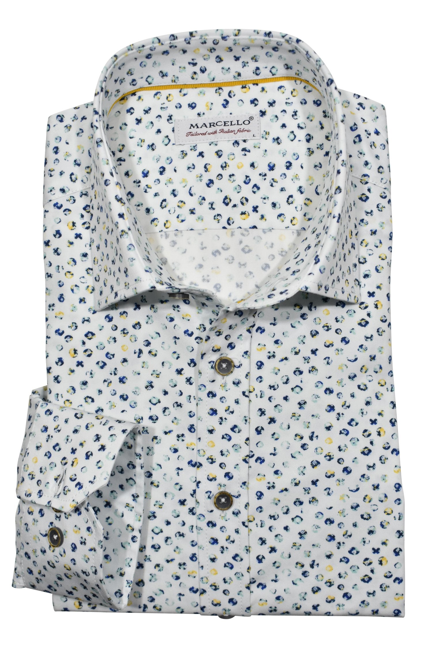 Experience the timeless elegance of the cotton sateen fabric with a unique circular pattern that resembles marbles. Shirt by Marcello
