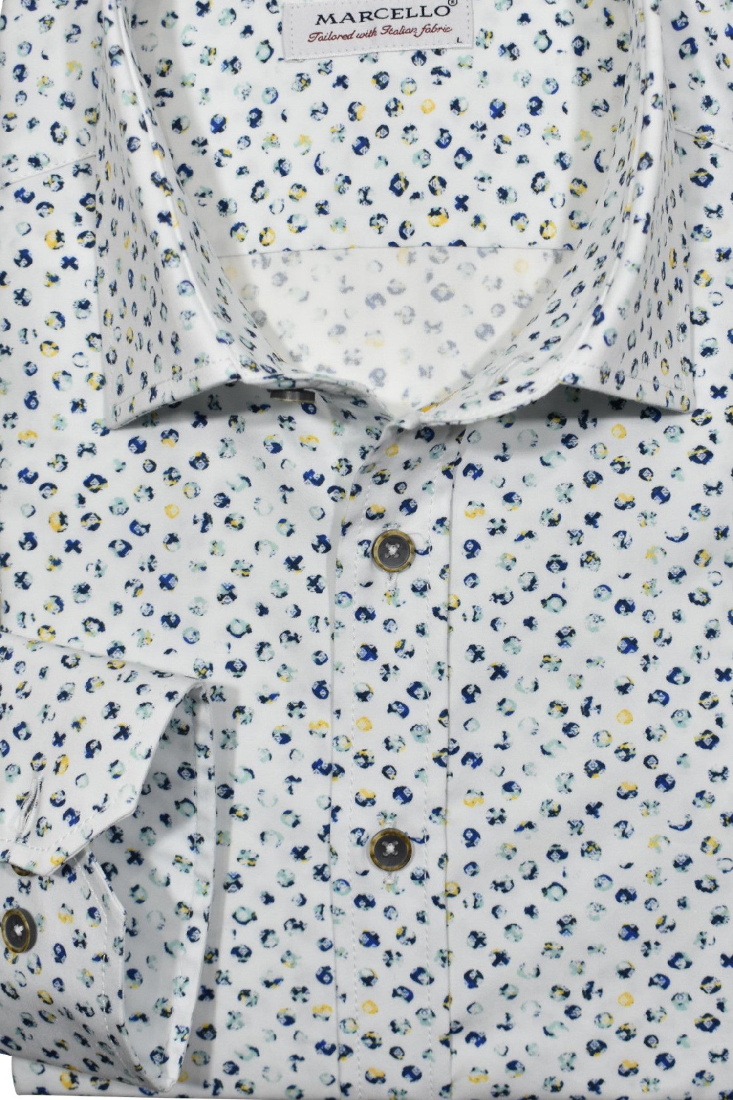 xperience the timeless elegance of the cotton sateen fabric with a unique circular pattern that resembles marbles. Shirt by Marcello.