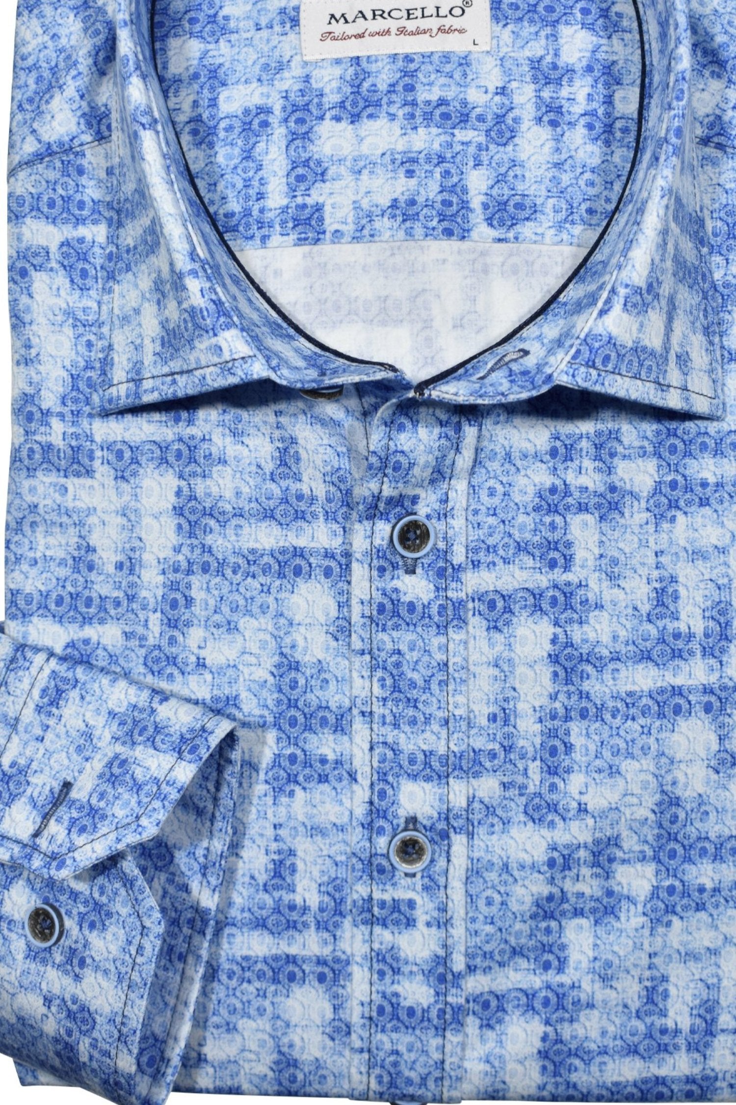 Rich cotton sateen fabric is finished with a unique ocean blue circular pattern and abstract shading.  Shirt by Marcello
