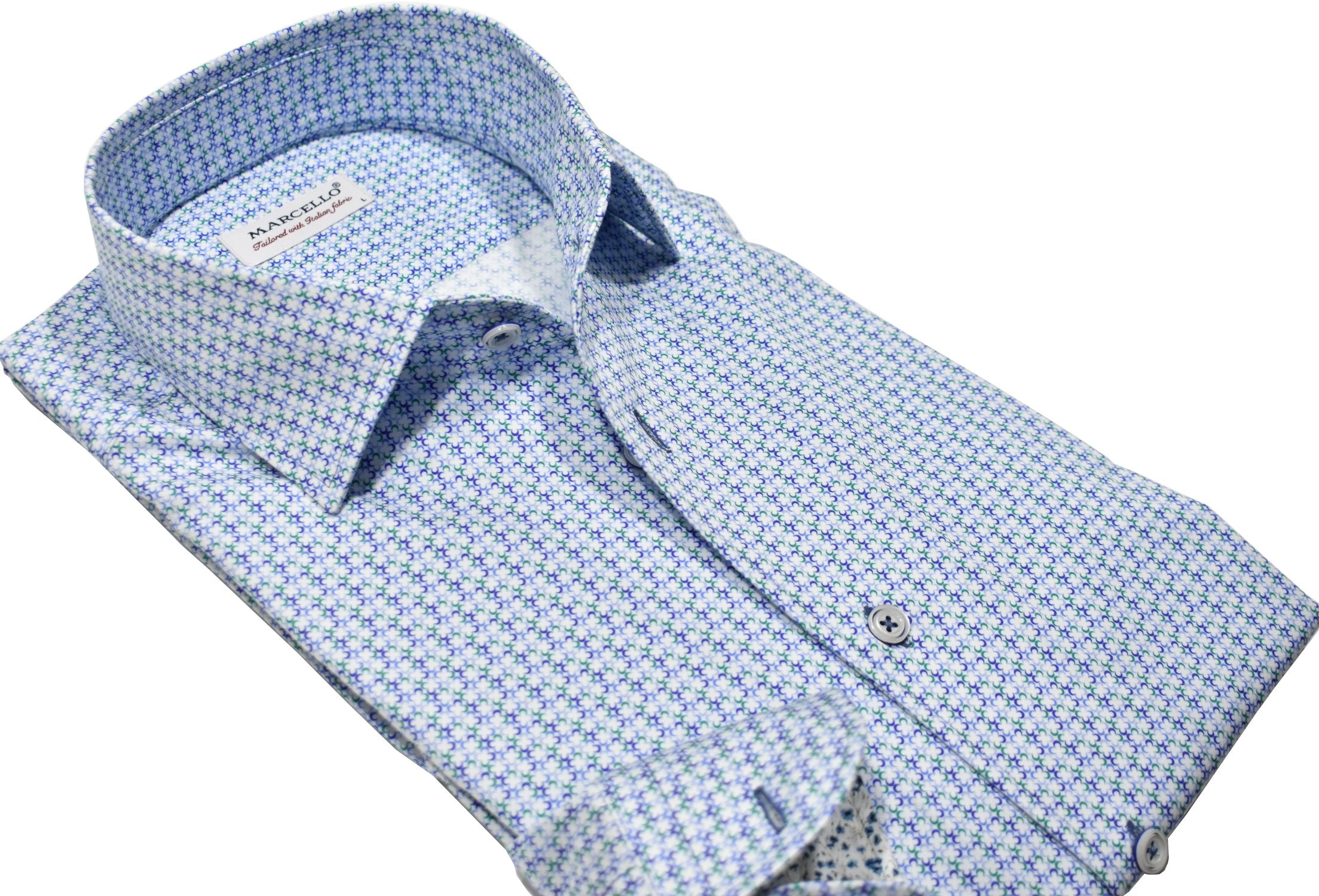 Upgrade your wardrobe with the W020R Indigo Clover Roll Collar. Crafted from extra fine cotton with a luxurious silk-like finish, this shirt is a dream to wear. The Marcello exclusive one-piece roll collar stands elegantly, while the custom matched buttons and trim fabric add a touch of sophistication. Perfect for any occasion.