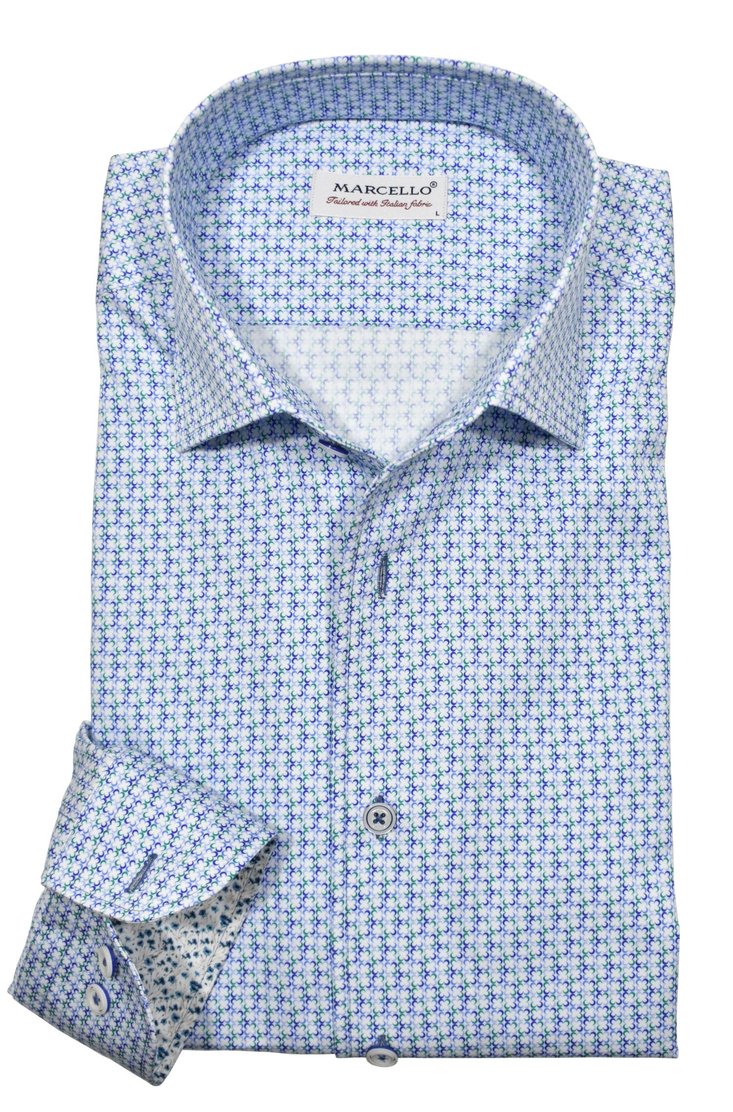 Upgrade your wardrobe with the W020R Indigo Clover Roll Collar. Crafted from extra fine cotton with a luxurious silk-like finish, this shirt is a dream to wear. The Marcello exclusive one-piece roll collar stands elegantly, while the custom matched buttons and trim fabric add a touch of sophistication. Perfect for any occasion.