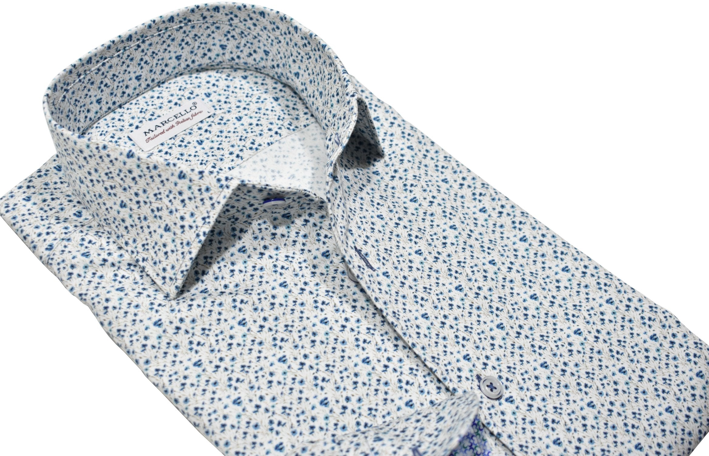 Upgrade your wardrobe with the W021R Pacer Floral Roll Collar. Crafted from extra fine cotton with a luxurious silk-like finish, this shirt is a dream to wear. The Marcello exclusive one-piece roll collar stands elegantly, while the custom matched buttons and trim fabric add a touch of sophistication. Perfect for any occasion.