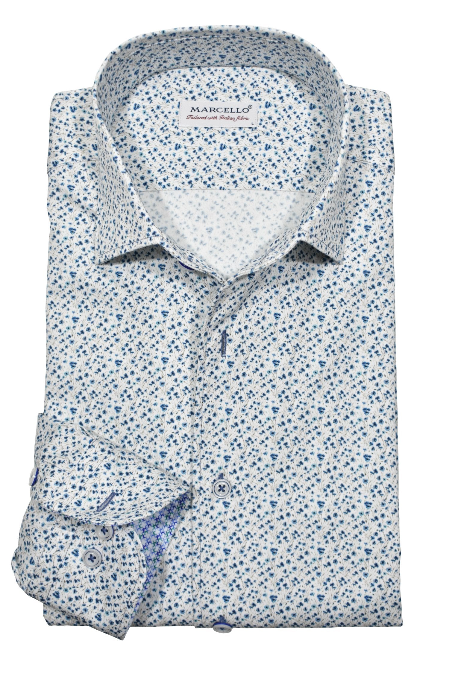 Upgrade your wardrobe with the W021R Pacer Floral Roll Collar. Crafted from extra fine cotton with a luxurious silk-like finish, this shirt is a dream to wear. The Marcello exclusive one-piece roll collar stands elegantly, while the custom matched buttons and trim fabric add a touch of sophistication. Perfect for any occasion.