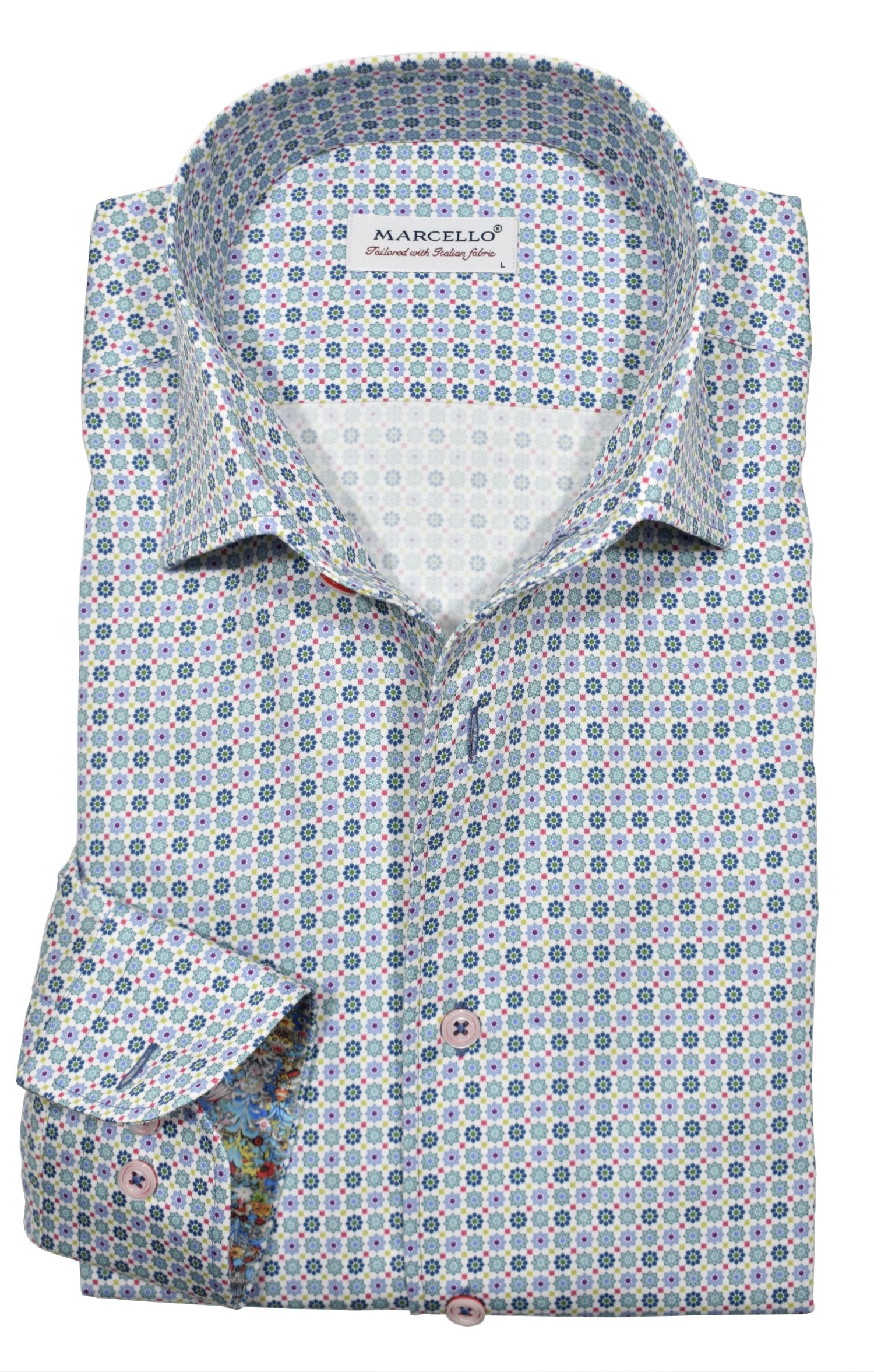 Upgrade your wardrobe with the W022R Seleil Medallion Roll Collar. Crafted from extra fine cotton with a luxurious silk-like finish, this shirt is a dream to wear. The Marcello exclusive one-piece roll collar stands elegantly, while the custom matched buttons and trim fabric add a touch of sophistication. Perfect for any occasion.
