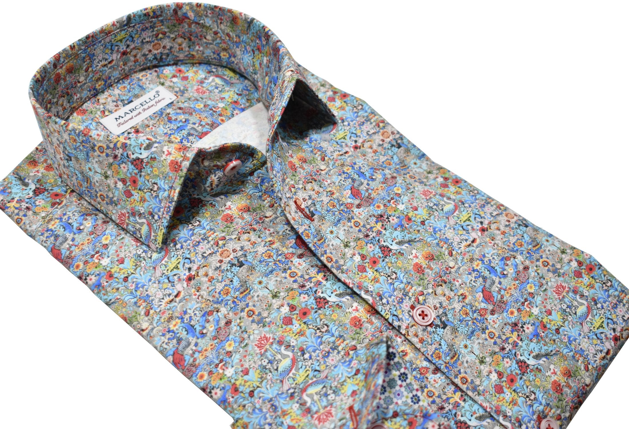 Upgrade your wardrobe with the W023R Dragon Abstract Roll Collar. Crafted from extra fine cotton with a luxurious silk-like finish, this shirt is a dream to wear. The Marcello exclusive one-piece roll collar stands elegantly, while the custom matched buttons and trim fabric add a touch of sophistication. Perfect for any occasion.