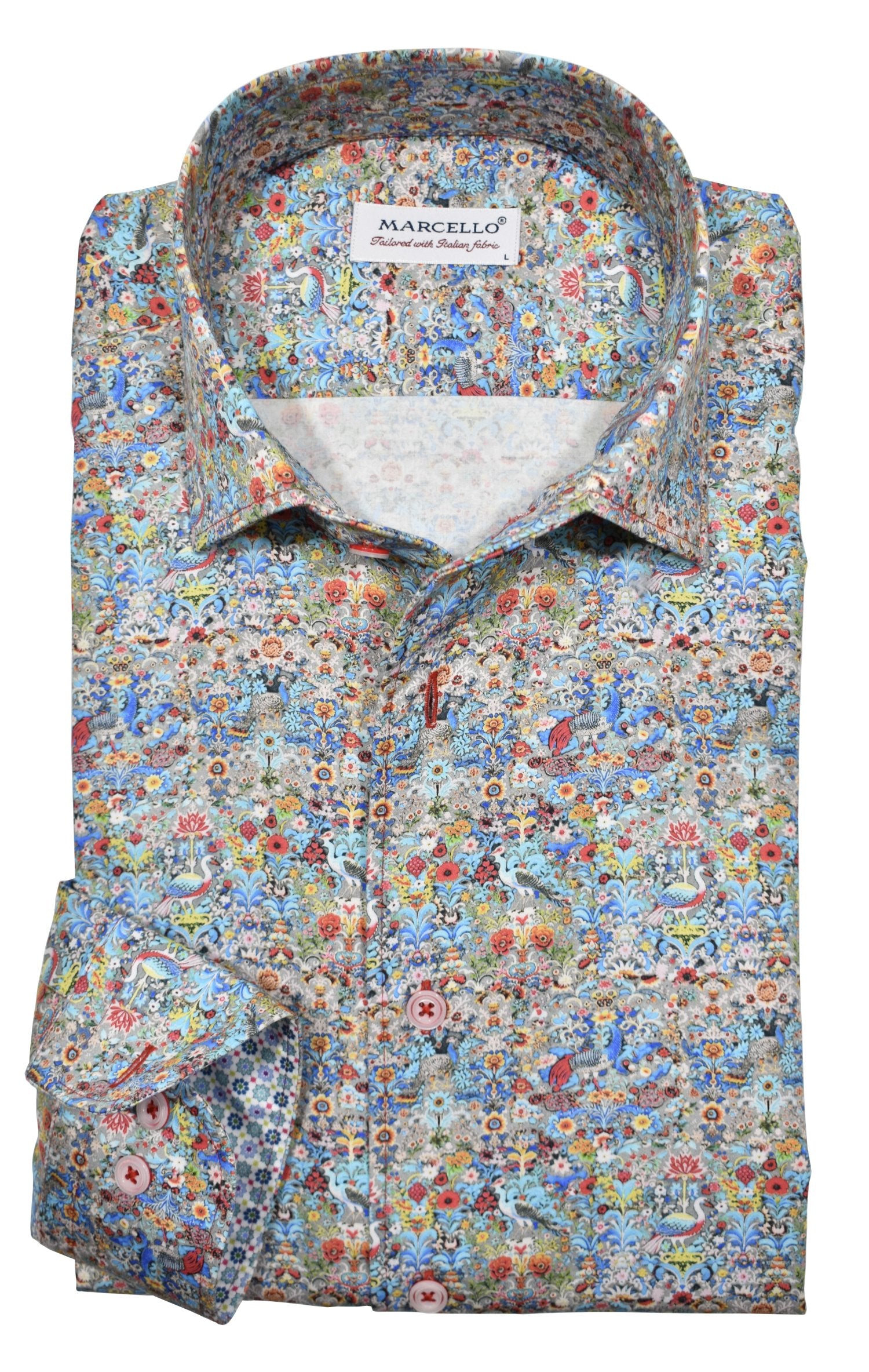 Upgrade your wardrobe with the W023R Dragon Abstract Roll Collar. Crafted from extra fine cotton with a luxurious silk-like finish, this shirt is a dream to wear. The Marcello exclusive one-piece roll collar stands elegantly, while the custom matched buttons and trim fabric add a touch of sophistication. Perfect for any occasion.