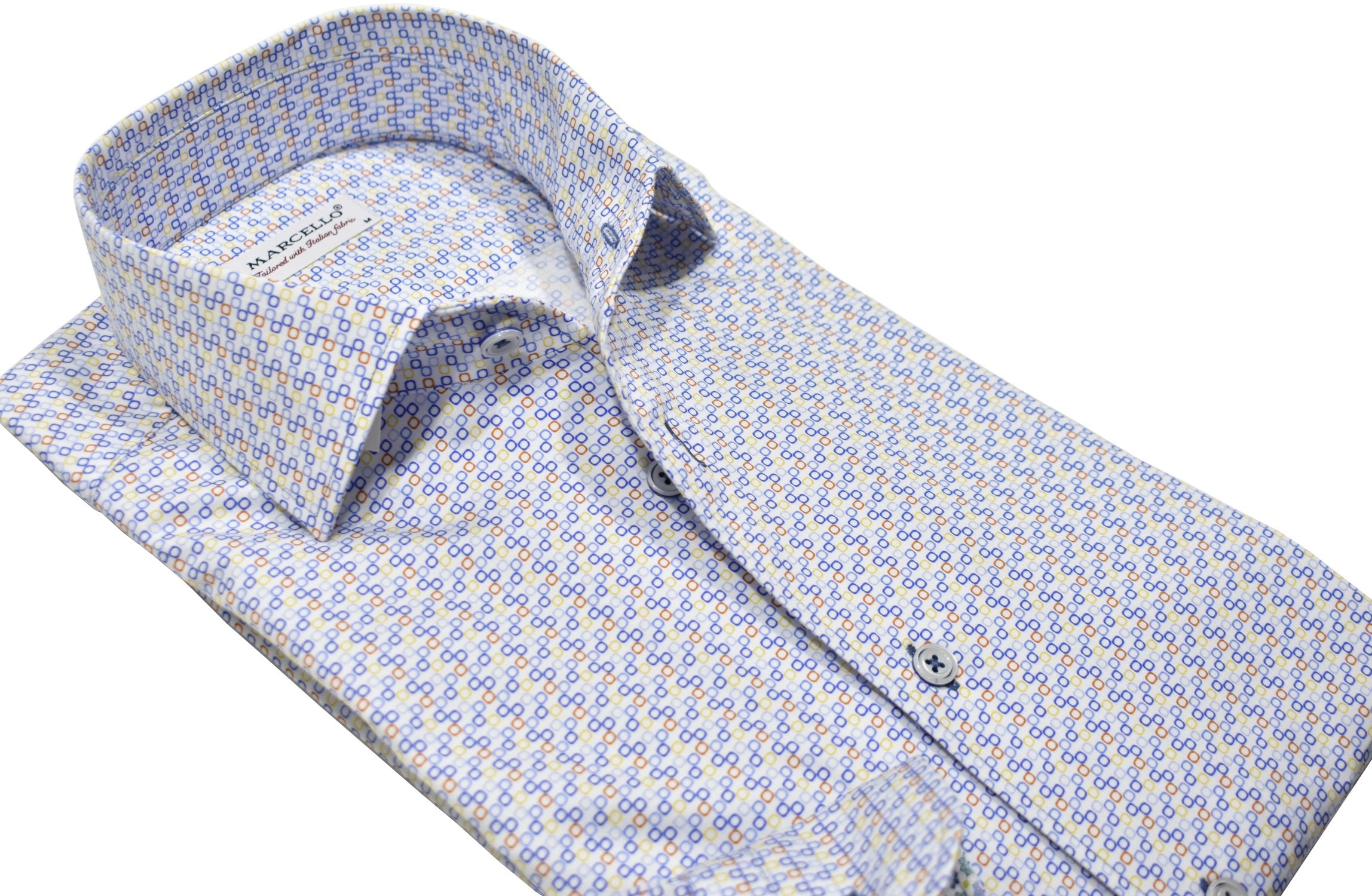 Upgrade your wardrobe with the W026R Multi Tonic Roll Collar. Crafted from extra fine cotton with a luxurious silk-like finish, this shirt is a dream to wear. The Marcello exclusive one-piece roll collar stands elegantly, while the custom matched buttons and trim fabric add a touch of sophistication. Perfect for any occasion.