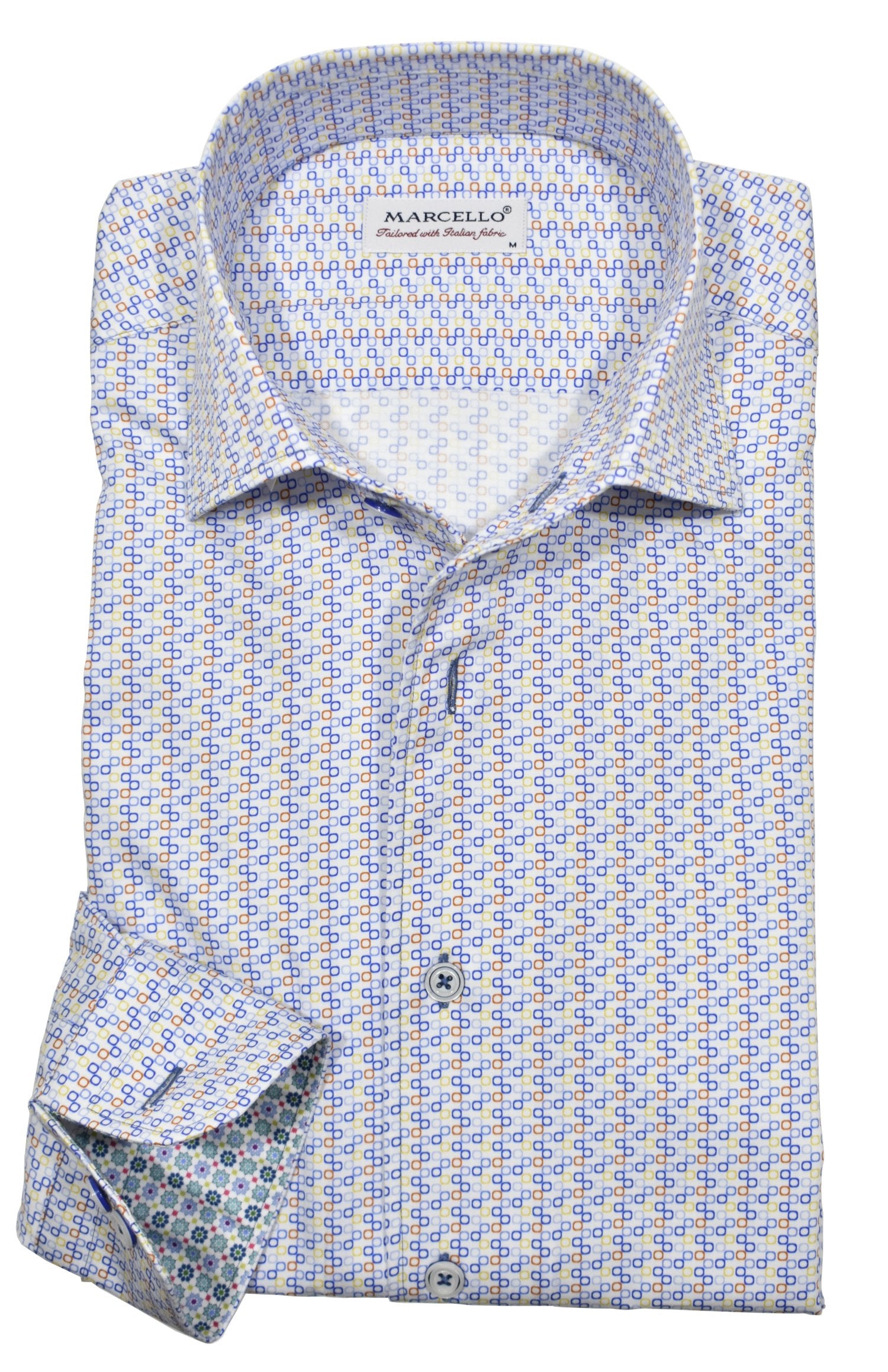 Upgrade your wardrobe with the W026R Multi Tonic Roll Collar. Crafted from extra fine cotton with a luxurious silk-like finish, this shirt is a dream to wear. The Marcello exclusive one-piece roll collar stands elegantly, while the custom matched buttons and trim fabric add a touch of sophistication. Perfect for any occasion.