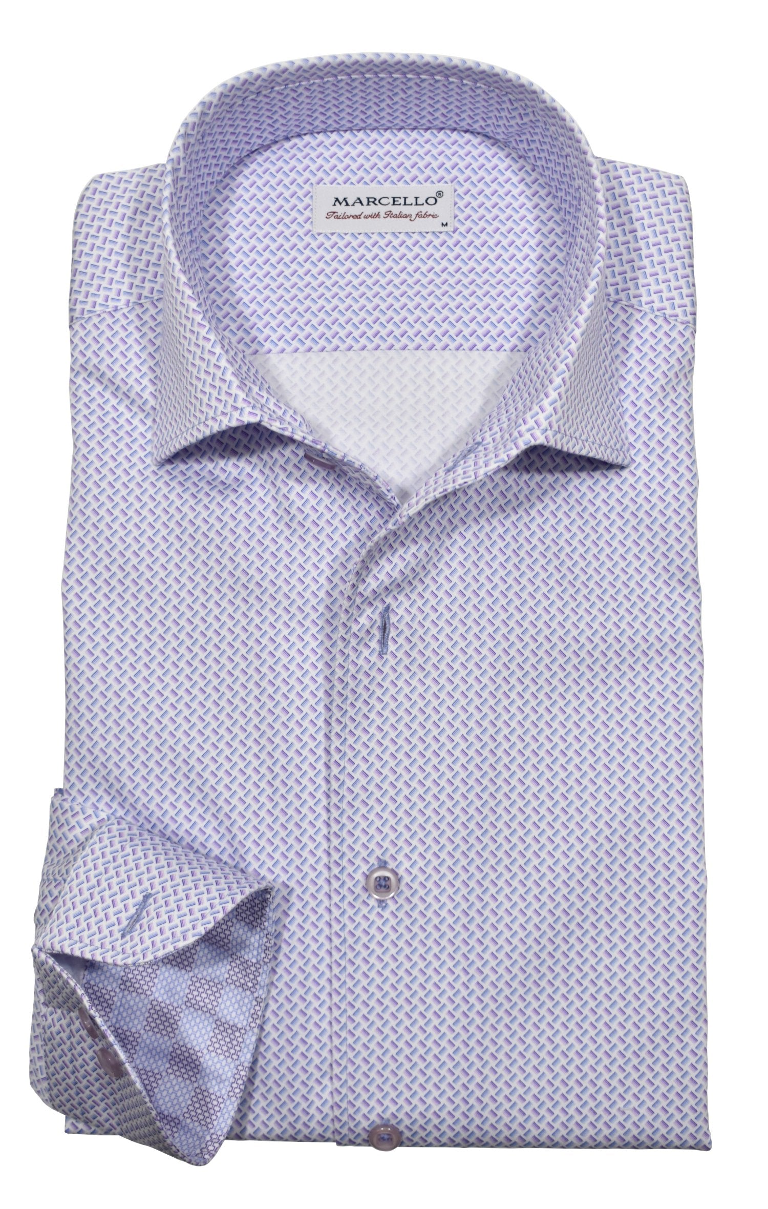 Upgrade your wardrobe with the W028R Plum Stream Roll Collar. Crafted from extra fine cotton with a luxurious silk-like finish, this shirt is a dream to wear. The Marcello exclusive one-piece roll collar stands elegantly, while the custom matched buttons and trim fabric add a touch of sophistication.