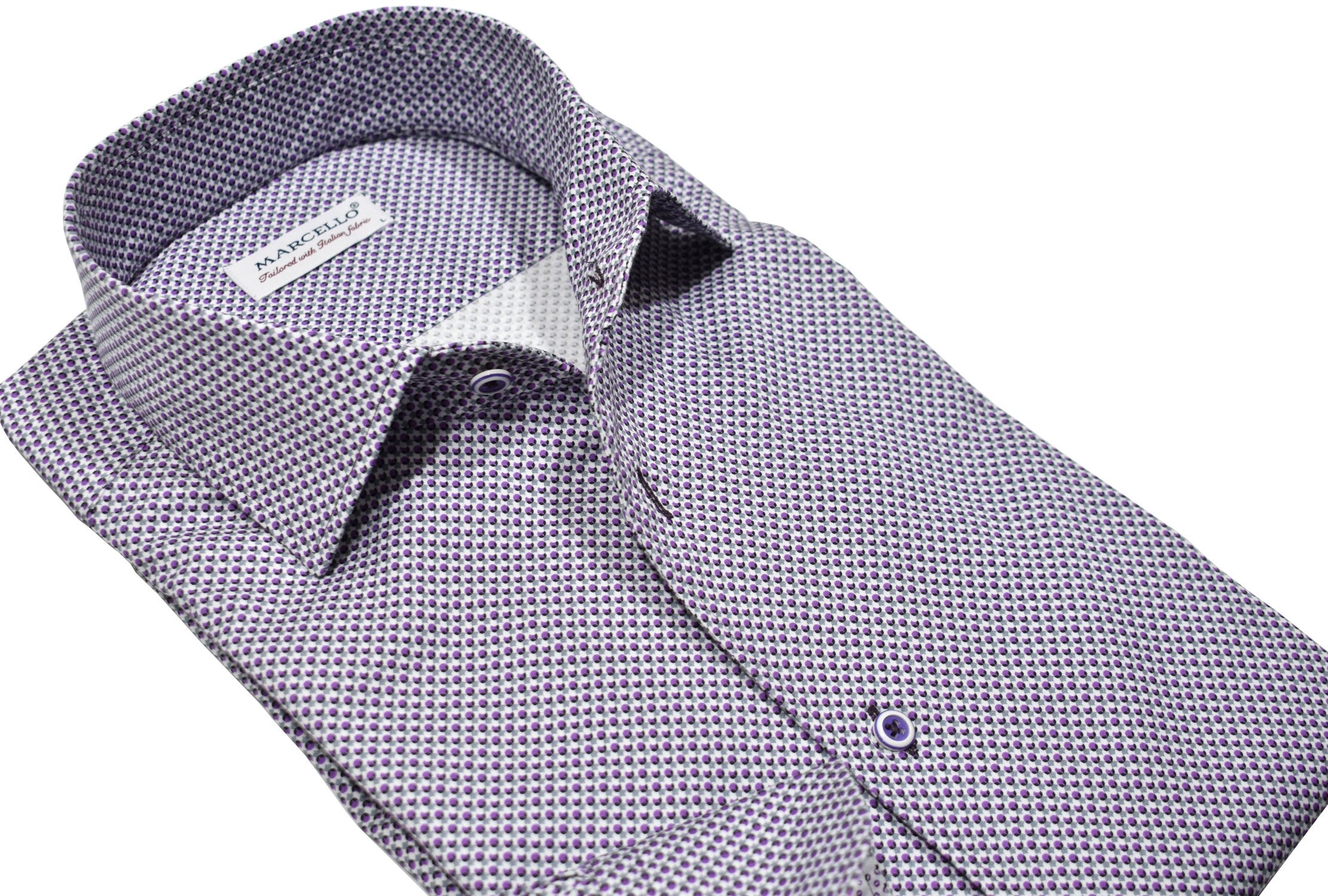 Upgrade your wardrobe with the W029R Plum Concentric Roll Collar. Crafted from extra fine cotton with a luxurious silk-like finish, this shirt is a dream to wear. The Marcello exclusive one-piece roll collar stands elegantly, while the custom matched buttons and trim fabric add a touch of sophistication.