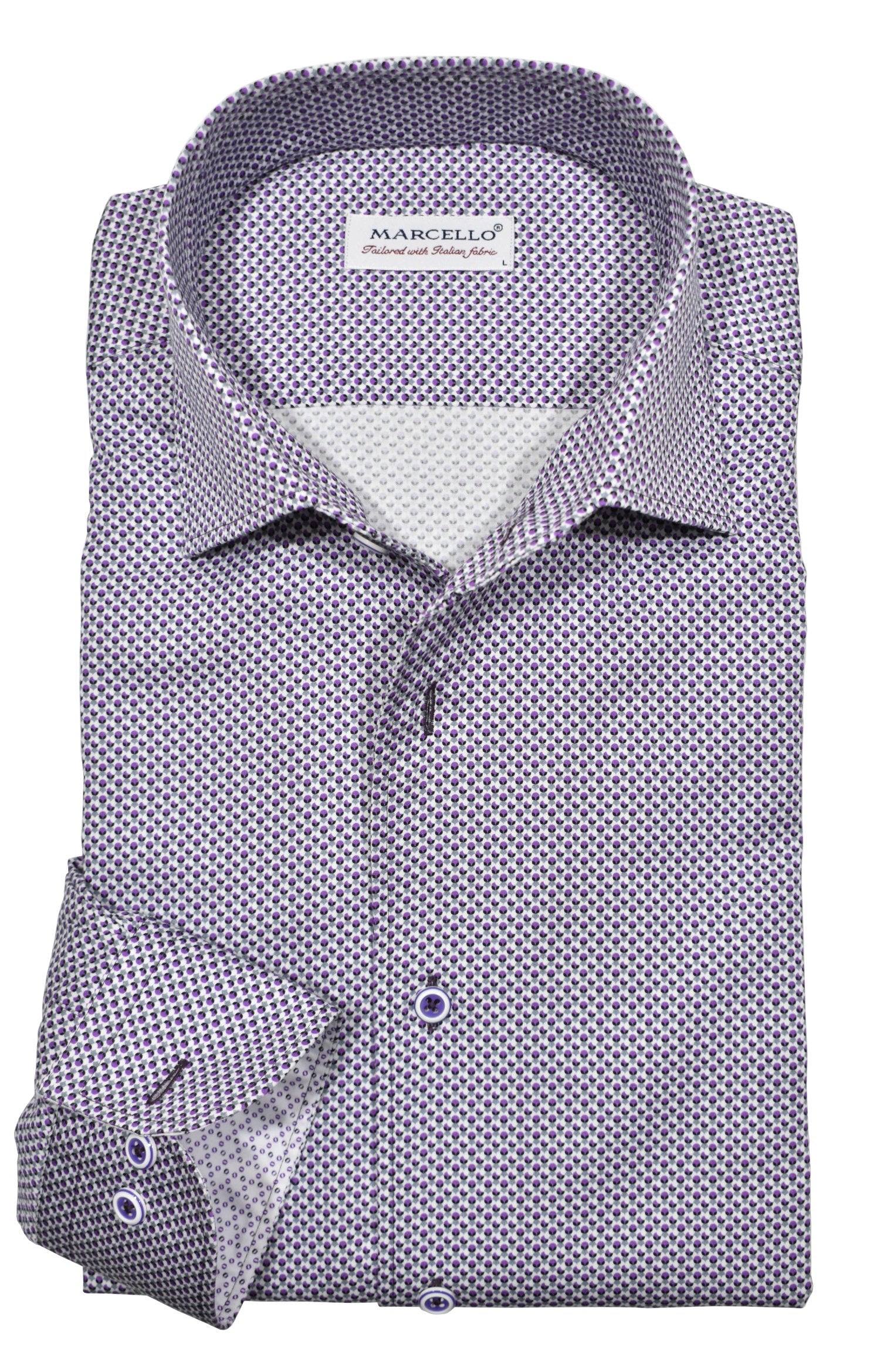 Upgrade your wardrobe with the W029R Plum Concentric Roll Collar. Crafted from extra fine cotton with a luxurious silk-like finish, this shirt is a dream to wear. The Marcello exclusive one-piece roll collar stands elegantly, while the custom matched buttons and trim fabric add a touch of sophistication.