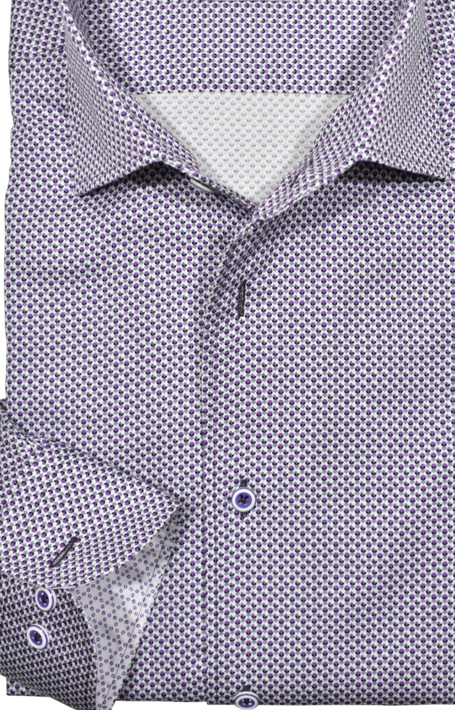 Upgrade your wardrobe with the W029R Plum Concentric Roll Collar. Crafted from extra fine cotton with a luxurious silk-like finish, this shirt is a dream to wear. The Marcello exclusive one-piece roll collar stands elegantly, while the custom matched buttons and trim fabric add a touch of sophistication.