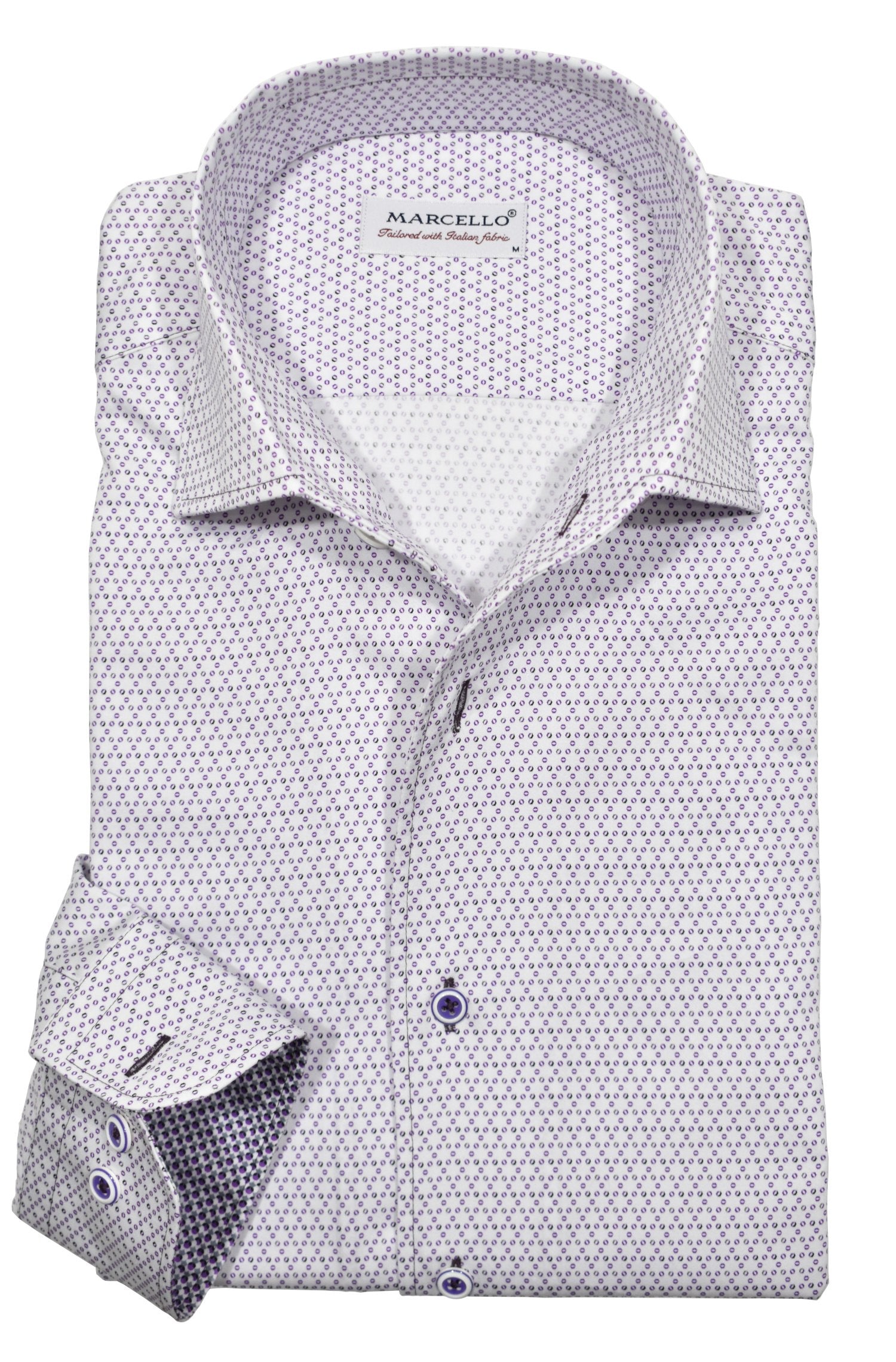 Upgrade your wardrobe with the W030R Lilac Montana Roll Collar. Crafted from extra fine cotton with a luxurious silk-like finish, this shirt is a dream to wear. The Marcello exclusive one-piece roll collar stands elegantly, while the custom matched buttons and trim fabric add a touch of sophistication.