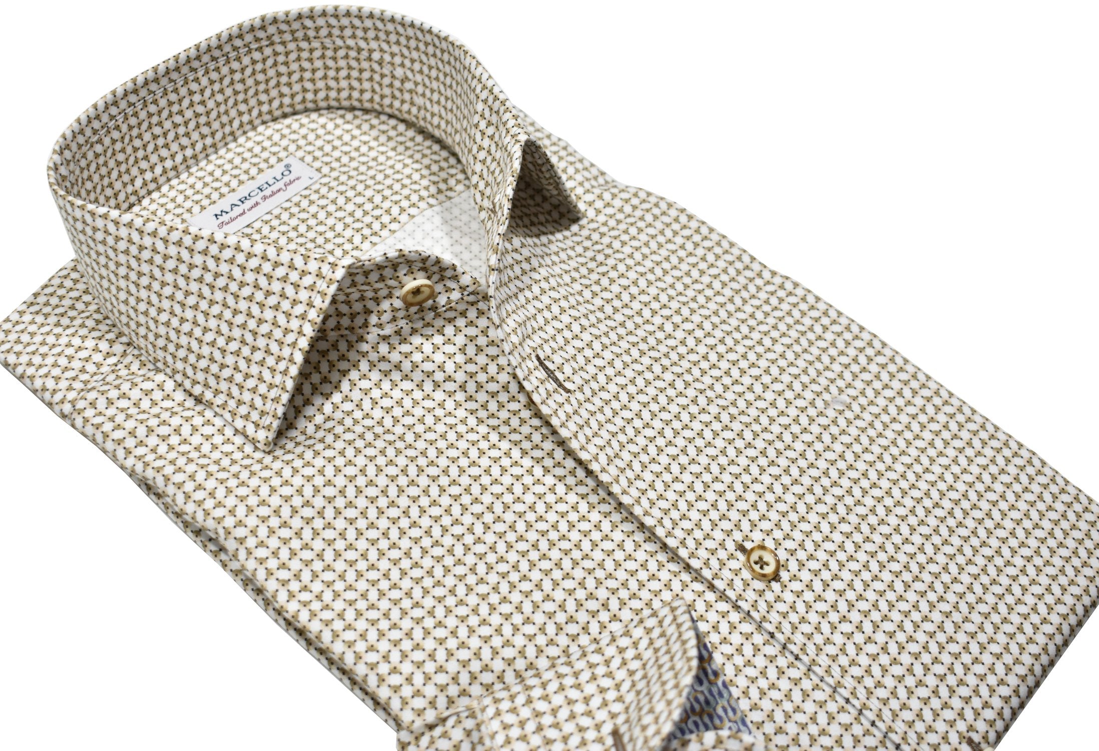 Upgrade your wardrobe with the W031R Tan Andrew Roll Collar. Crafted from extra fine cotton with a luxurious silk-like finish, this shirt is a dream to wear. The Marcello exclusive one-piece roll collar stands elegantly, while the custom matched buttons and trim fabric add a touch of sophistication.