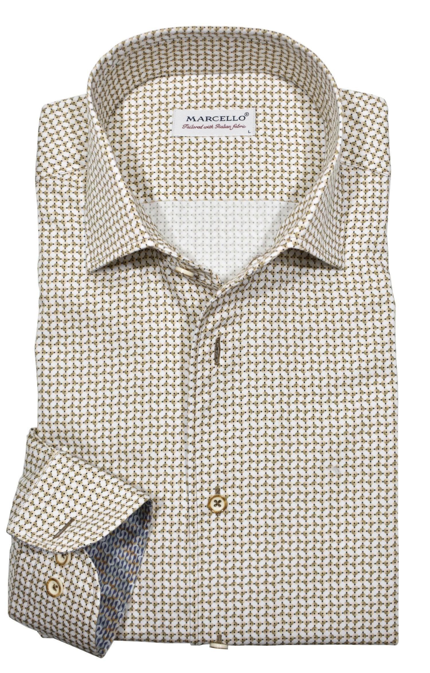 Upgrade your wardrobe with the W031R Tan Andrew Roll Collar. Crafted from extra fine cotton with a luxurious silk-like finish, this shirt is a dream to wear. The Marcello exclusive one-piece roll collar stands elegantly, while the custom matched buttons and trim fabric add a touch of sophistication.